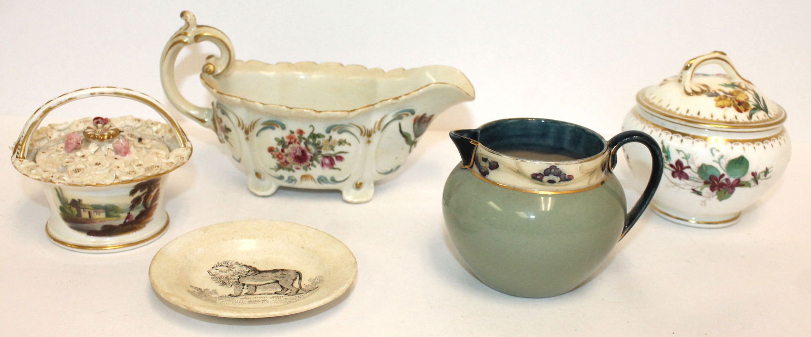 Lot of 5 antique porcelain/ceramic items incl creamer, sugar,  gravy, trinket box & small saucer w (1 of 16)