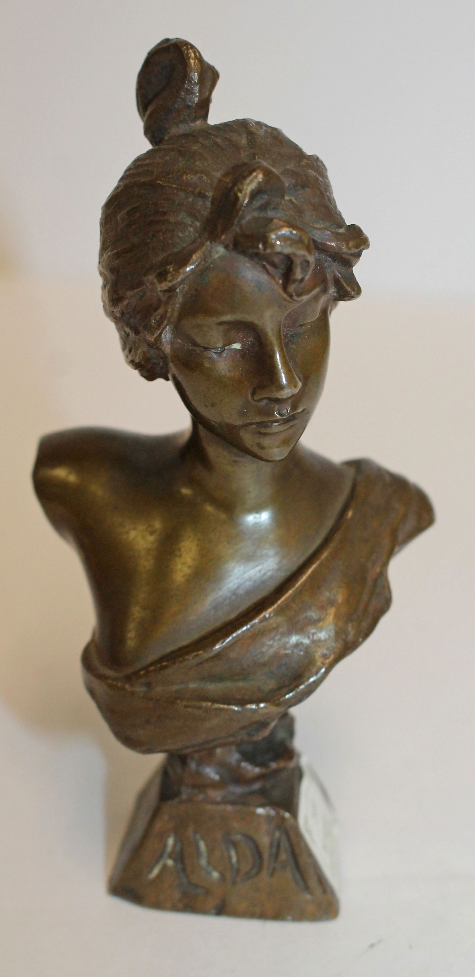 Signed E.Villanis bronze Art Nouveau small sculpture bust of "Alda" - 4 3/4" tall (1 of 7)