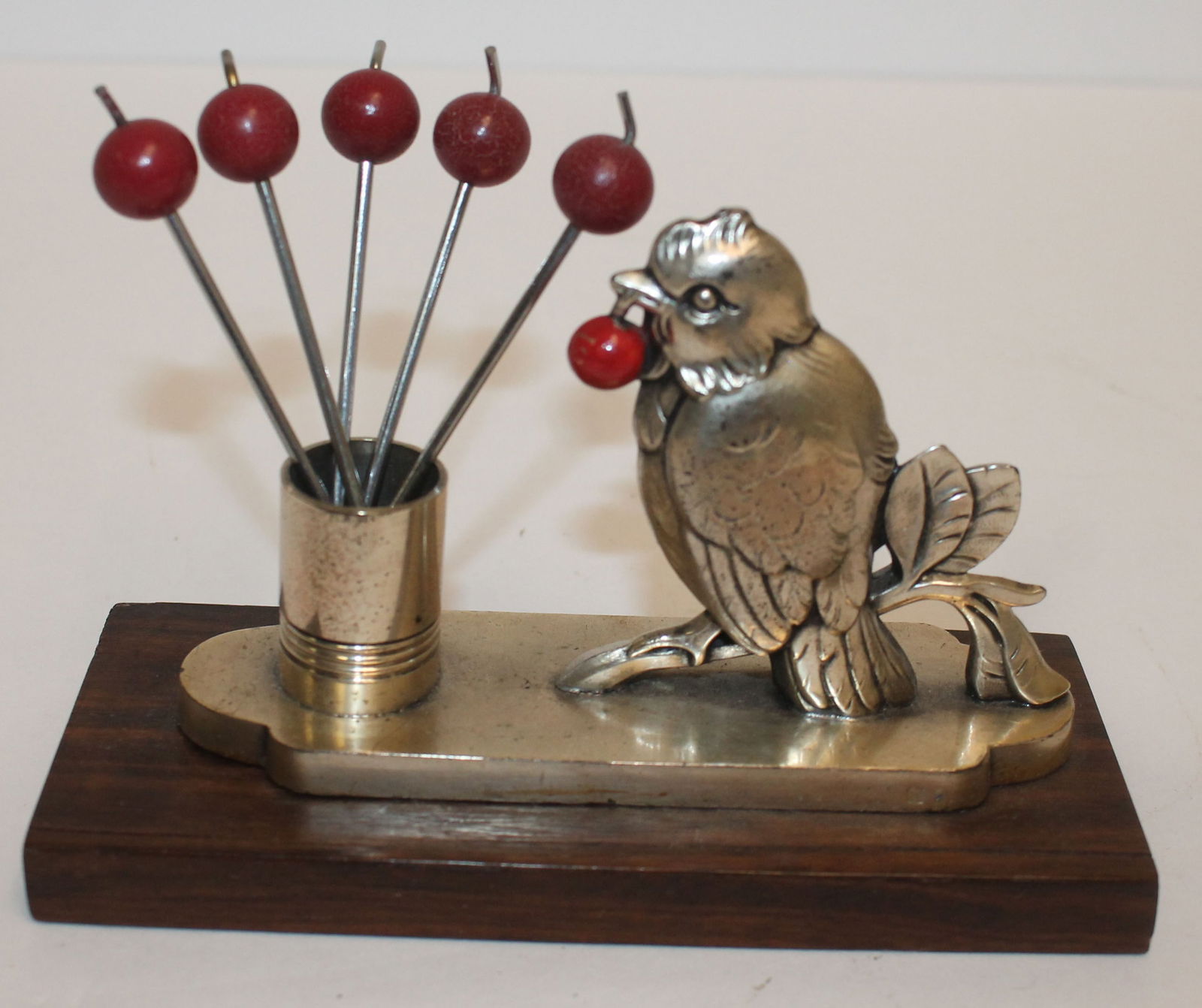 Art Deco silver plate bird figural olive pick in holder w picks (1 of 5)
