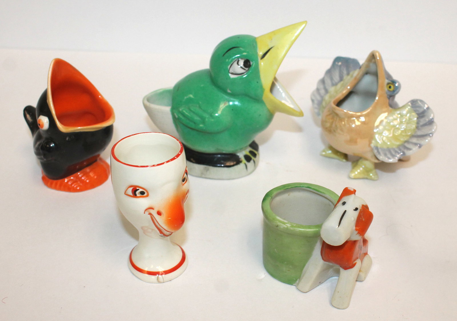 Lot of 6 porcelain condiments incl egg cups, tooth pick, olive picks, etc: Lot of 6 porcelain condiments incl egg cups, tooth pick, olive picks, etc