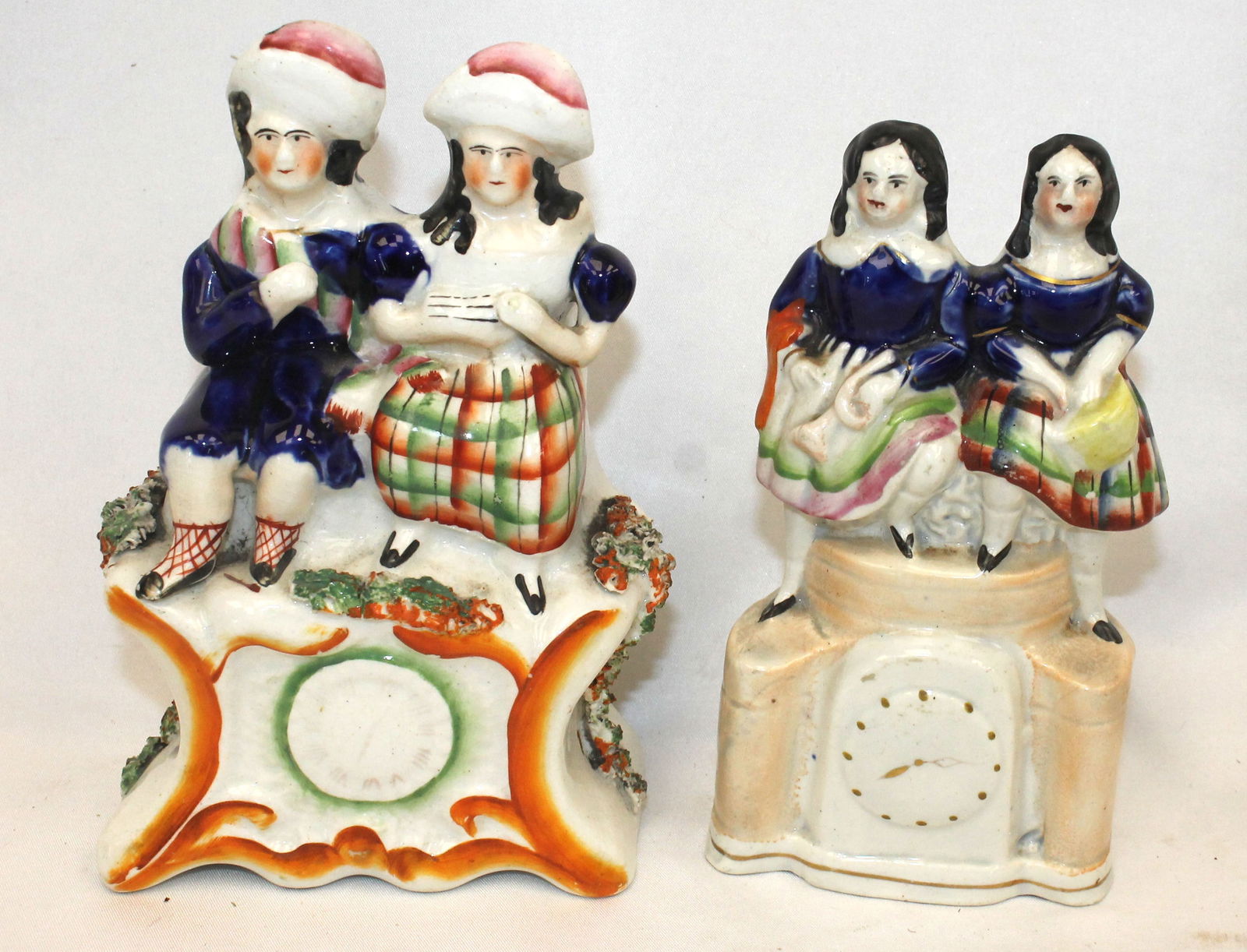 Lot of 2 Antique Staffordshire flat back Scottish mantle clock figure w 2 figures - 6 1/4" & 5 1/2" (1 of 8)