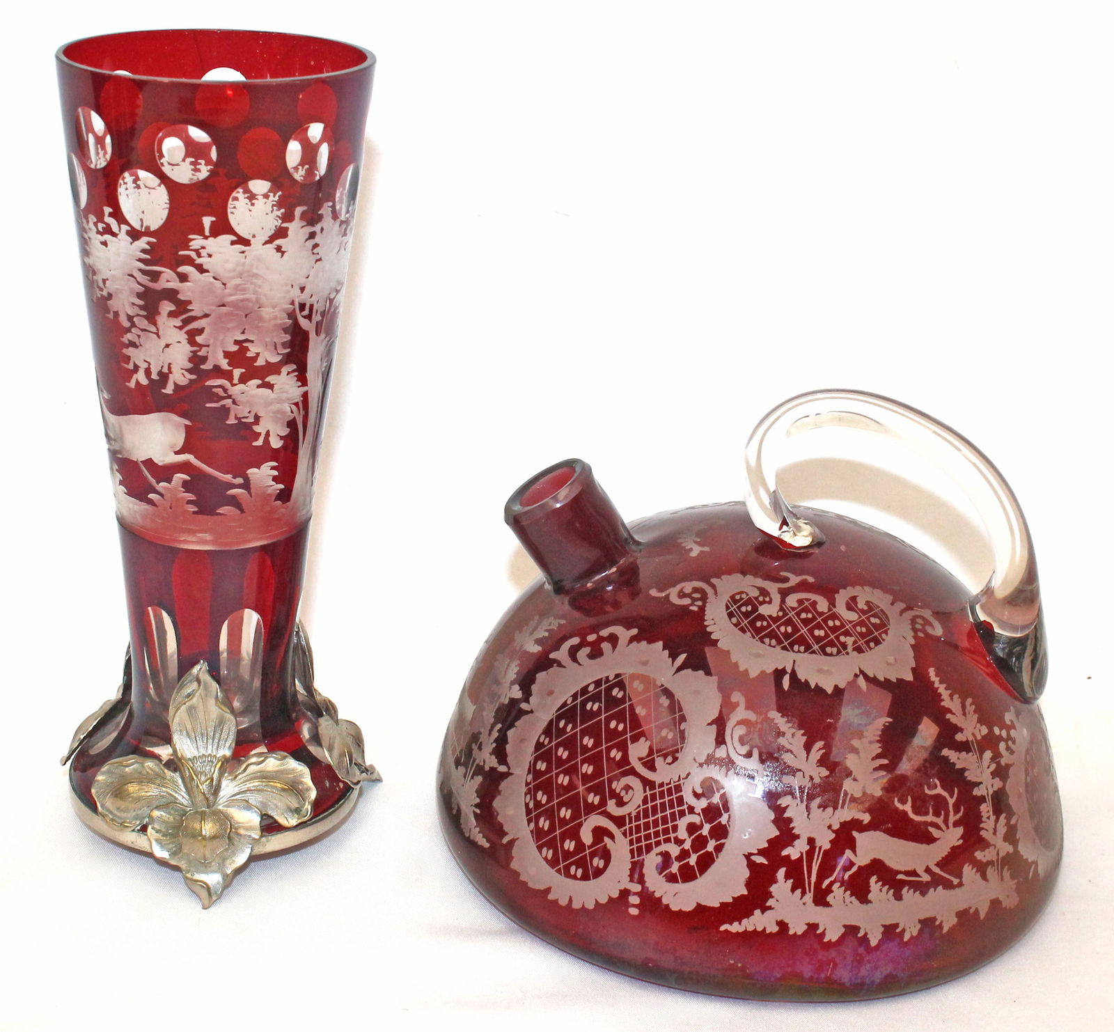 Bohemian Glass ruby red cut to clear teapot & vase in silverplate holder (1 of 7)