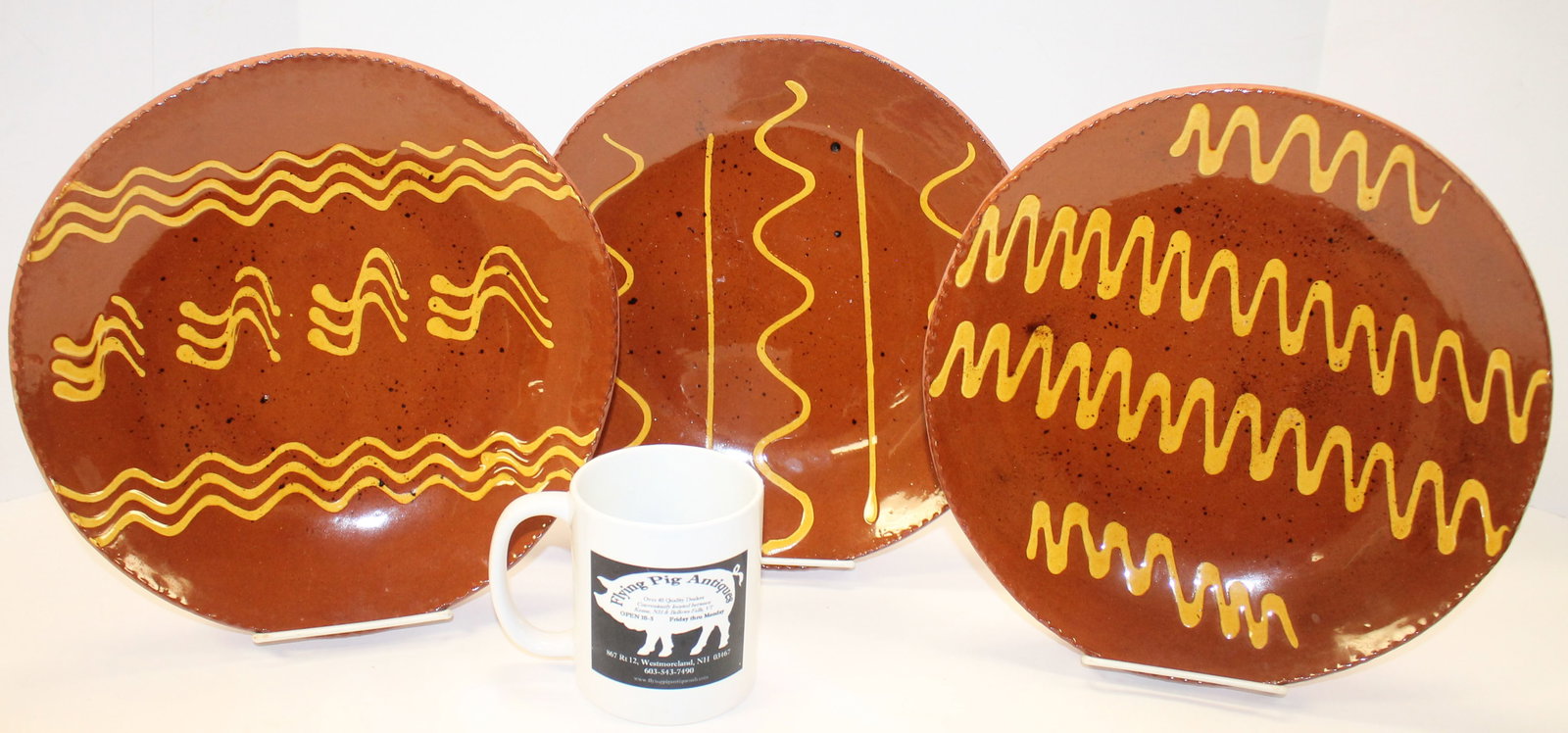 Lester Breininger Pottery, PA redware set of 3 slip dec plates - 11" diam (1 of 8)