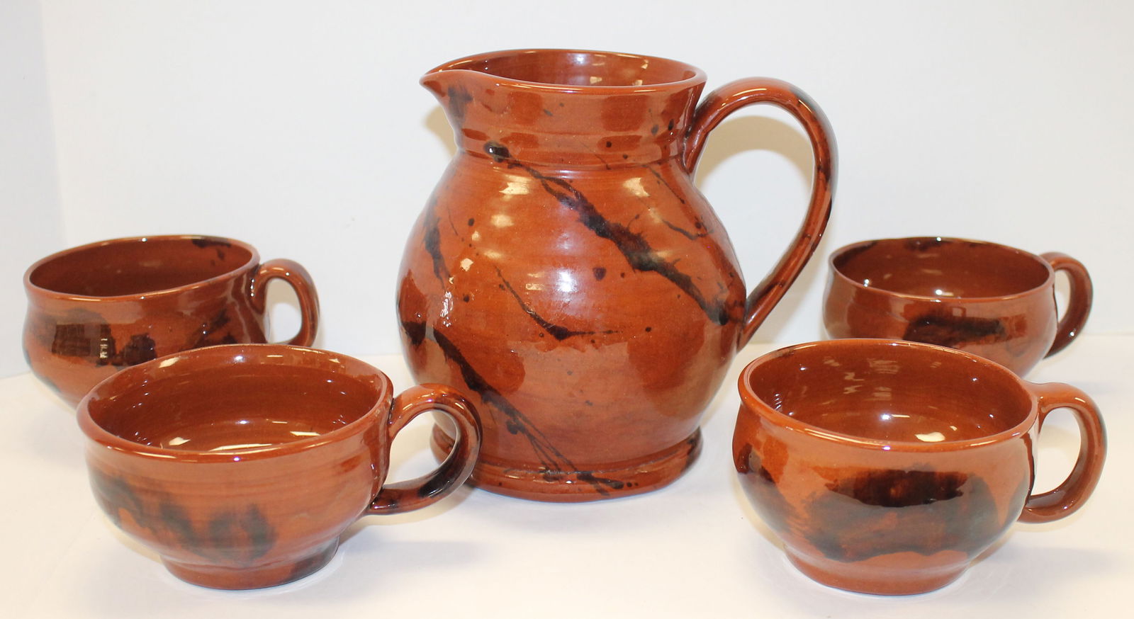 Lester Breininger Pottery, PA redware pitcher w 4 mugs (1 of 6)