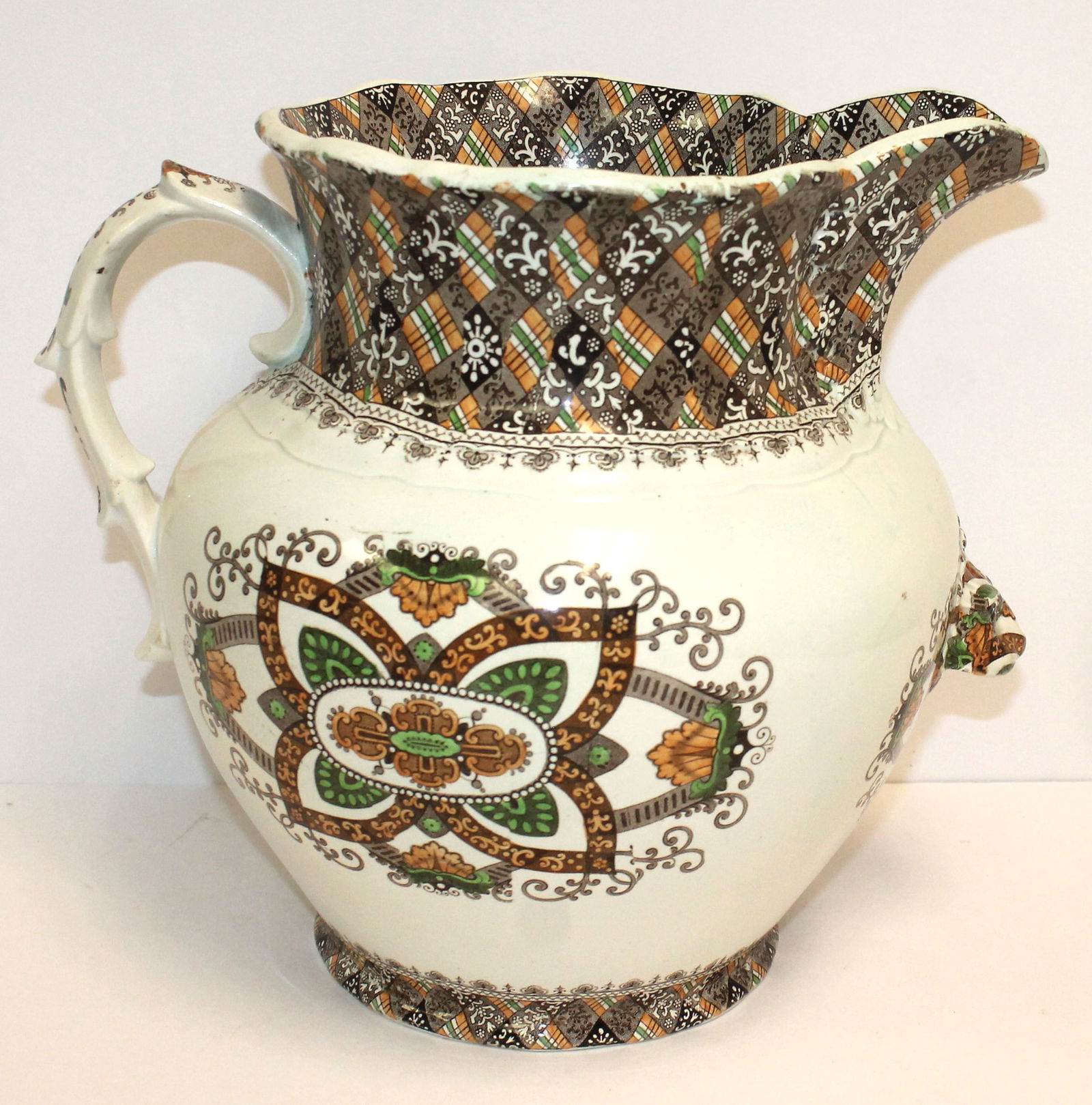 Large Caledonian pitcher w lug handle in brown, yellow & green by R.M.W. & Co ca 1830-40 - 11 1/2" (1 of 7)