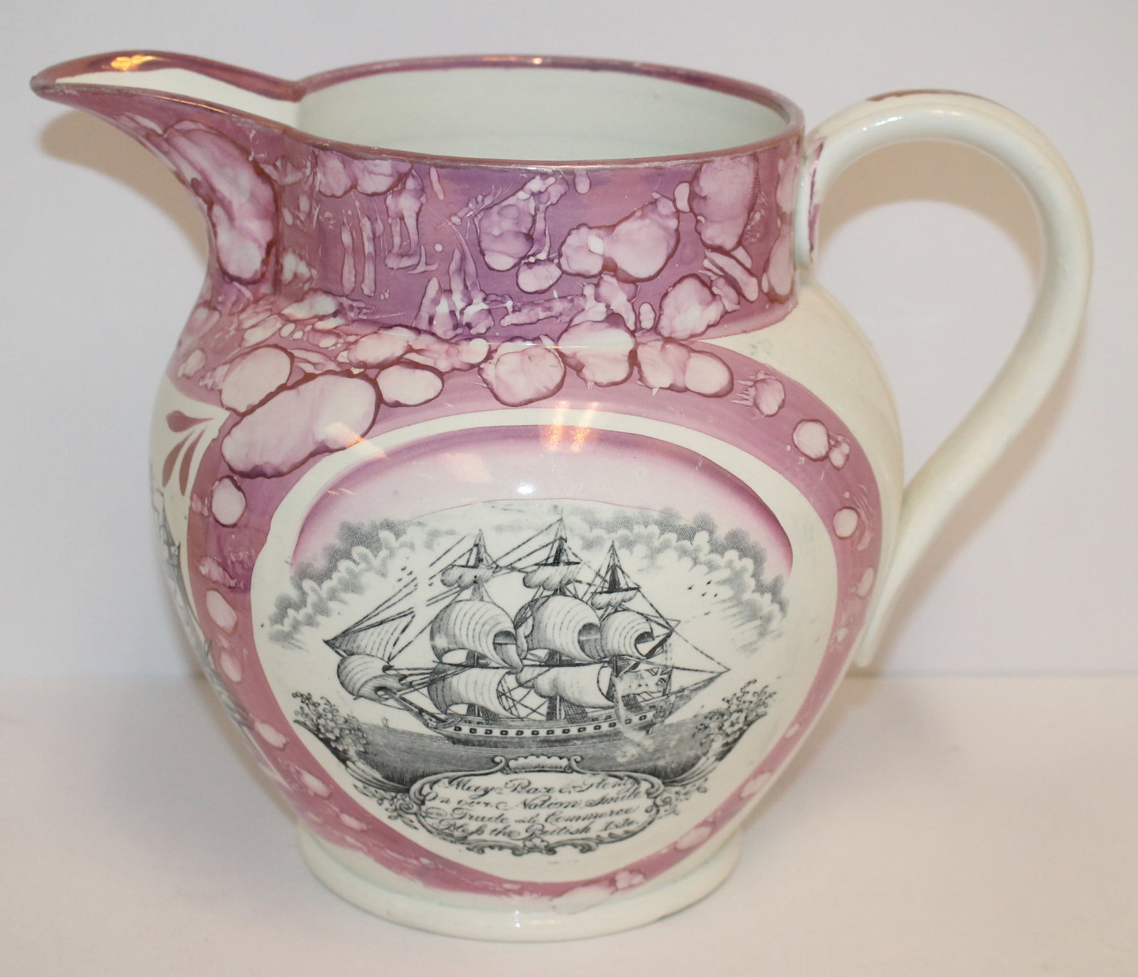 Sunderland Pottery jug w ship, Mariner's Compass & poem color transfer dec "The Sailor's Tear" - 8: Sunderland Pottery jug w ship, Mariner's Compass & poem color transfer dec "The Sailor's Tear" - 8 1/2" tall - restored