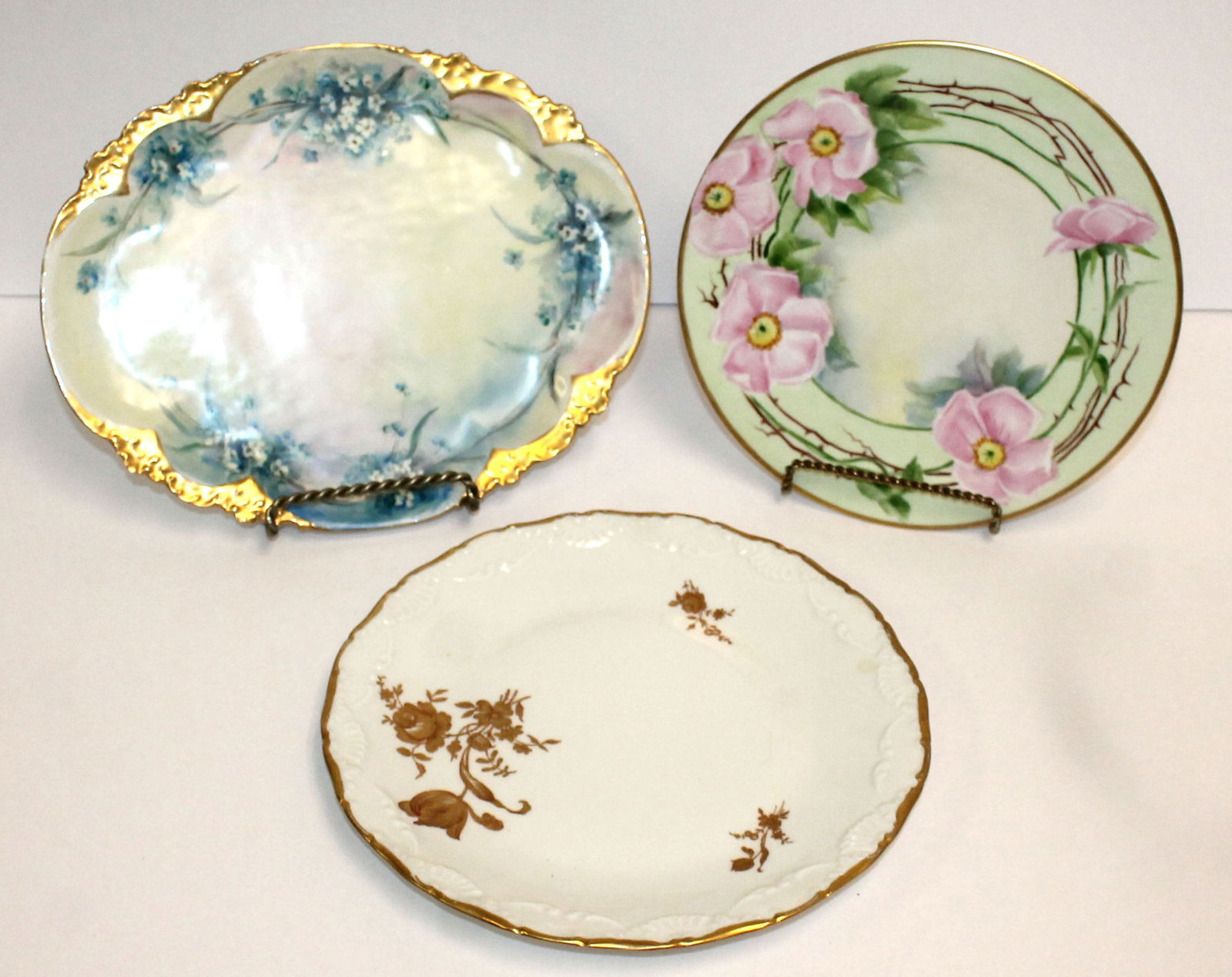 Lot of 3 hand painted plates w gold rims incl Limoges, French & SG Clock Huntington, NY (1 of 8)