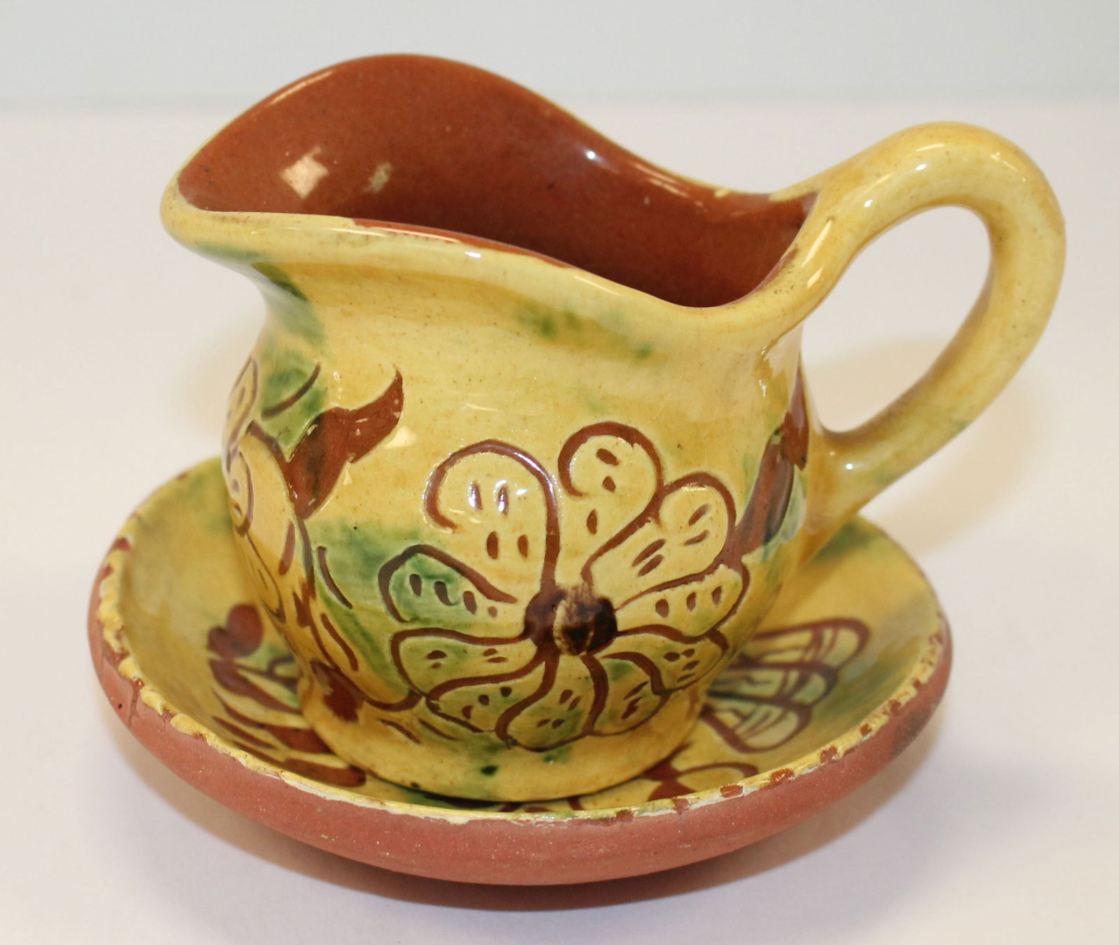 Lester Breininger Pottery, PA redware small yellow pitcher & tulip dish w bird (1 of 8)