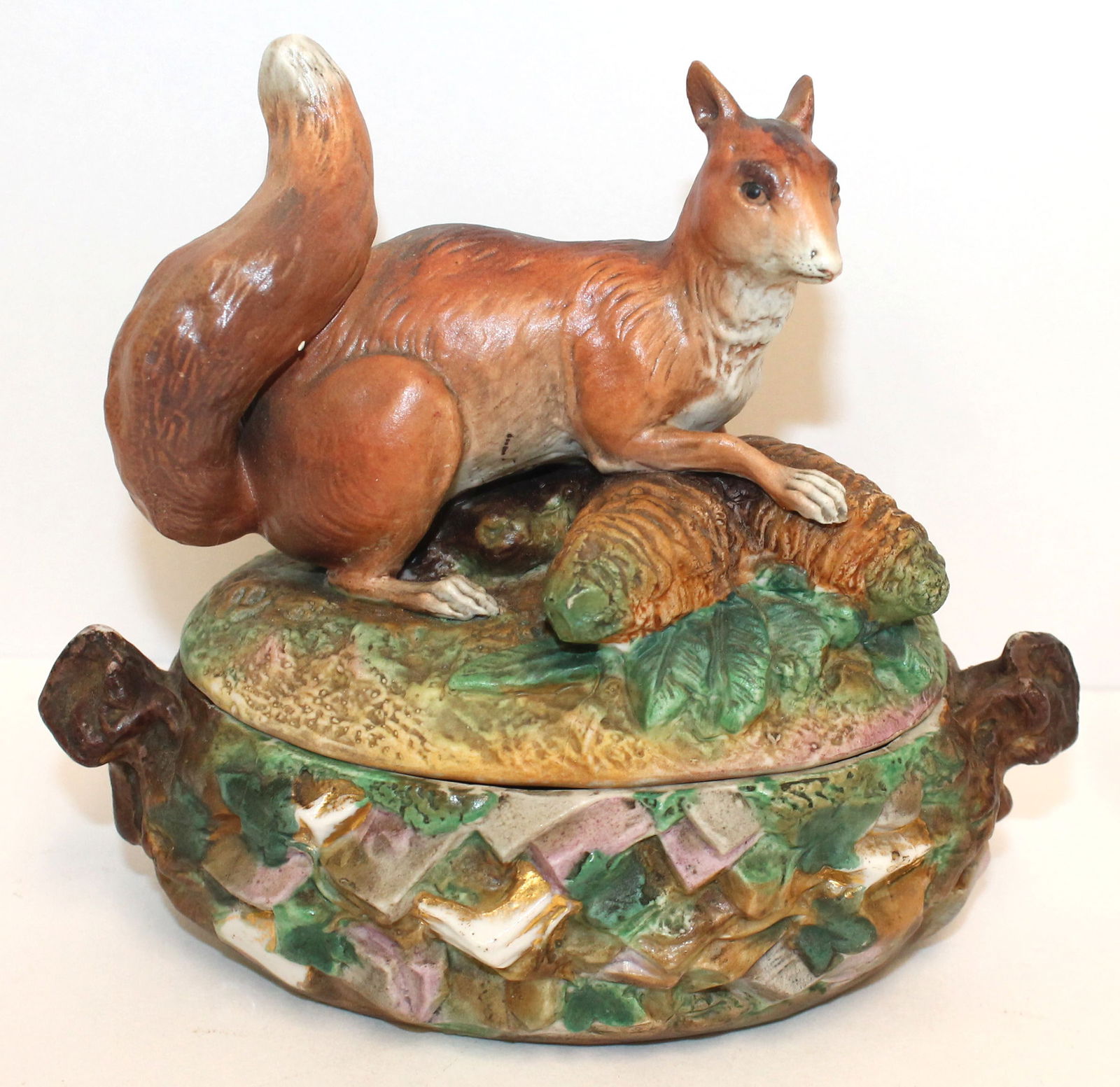 Mid 19thC porcelain squirrel on nest box w large fruit dec - prob European - 6 1/2" wide x 5 1/2" (1 of 6)