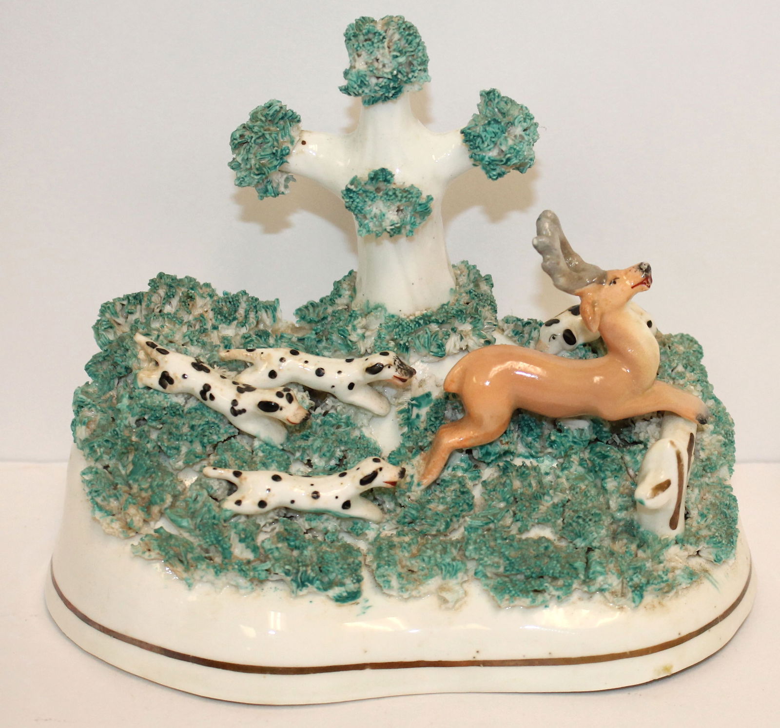 Staffordshire figure w dogs chasing a stag in front of a tree - 6 1/4" wide x 5 1/4" tall - restored (1 of 8)