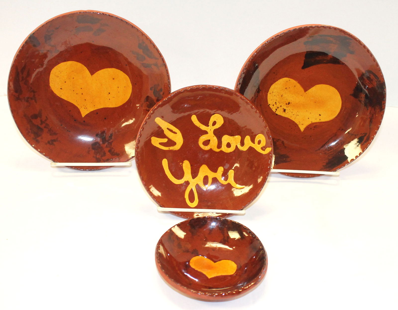 Lester Breininger Pottery, PA redware 4 small slip dec plates - 3 w heart dec & 1 says I Love You - (1 of 10)