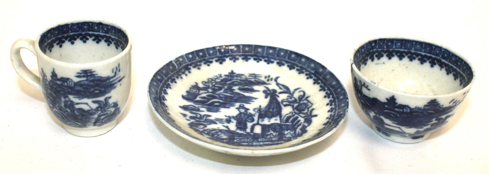 Lot of 3 pcs miniature 18thC Caughley blue & white porcelain incl 1 1/4" cup, 1 1/2" diam bowl & 2 (1 of 11)