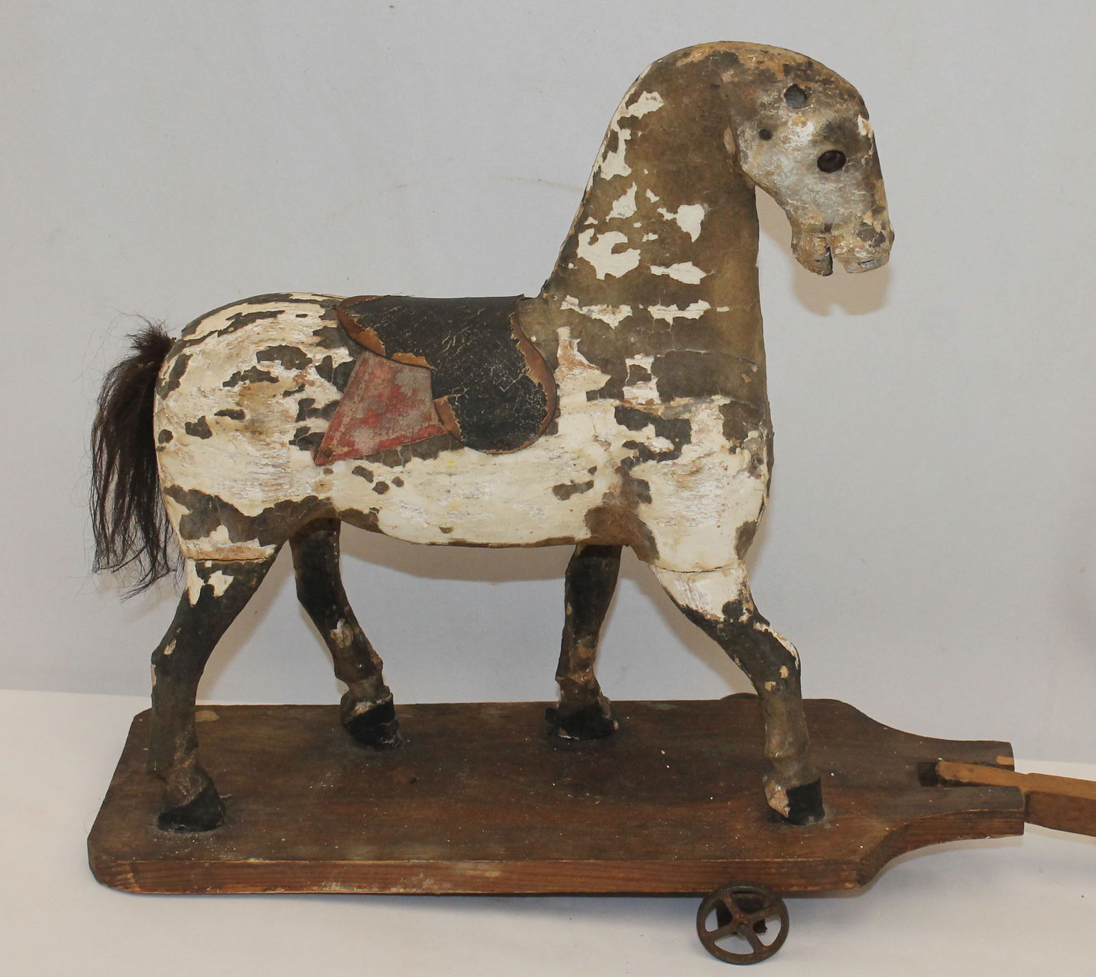 Antique carved & painted wooden horse pull toy on platform - as found - well played with! - 13" tall (1 of 5)