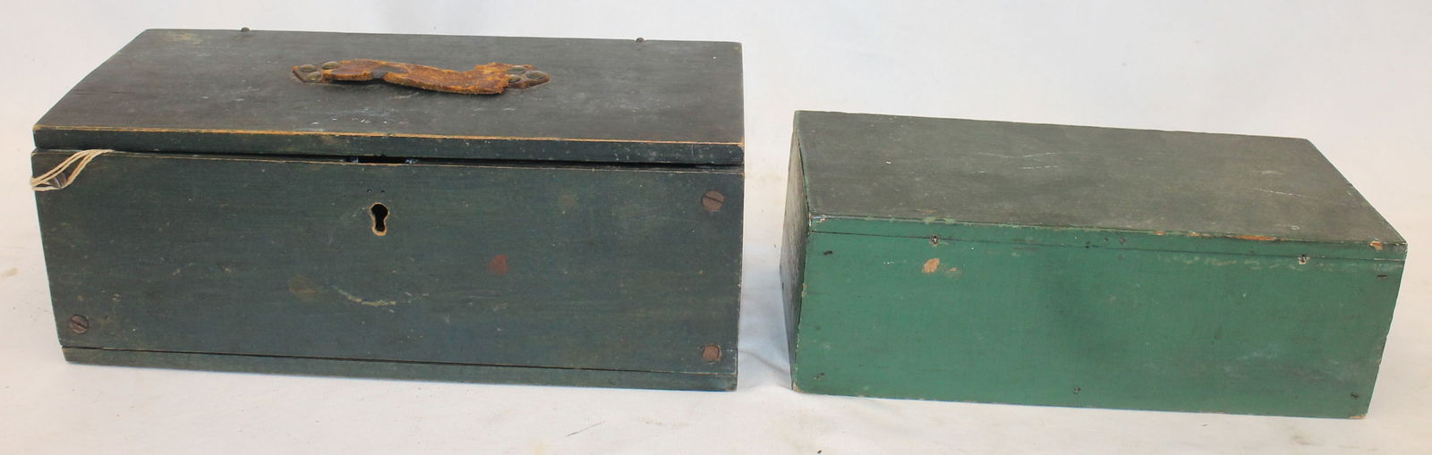 Lot of 2 antique wooden painted green valuables boxes - 4 1/2"x12"x5 1/2" & 3 1/2"x10 1/2"x5" (1 of 8)