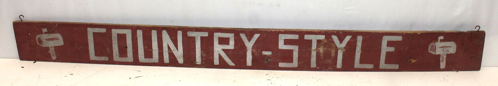 Wooden painted sign "Maine's Tinkers Workshop" in red paint with white painted Pine tree motif & (1 of 7)