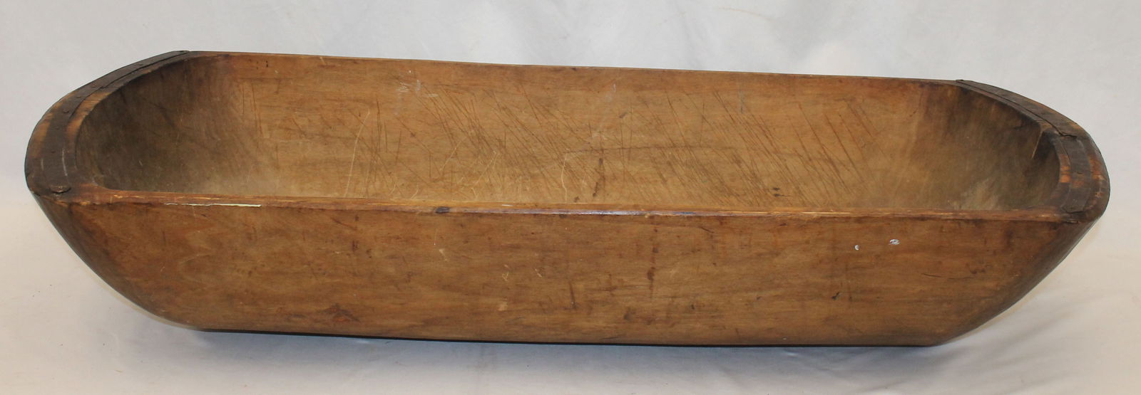 Oversized antique wooden trencher w iron banded reinforced make-do repair on ends - 8 1/2" tall x (1 of 8)