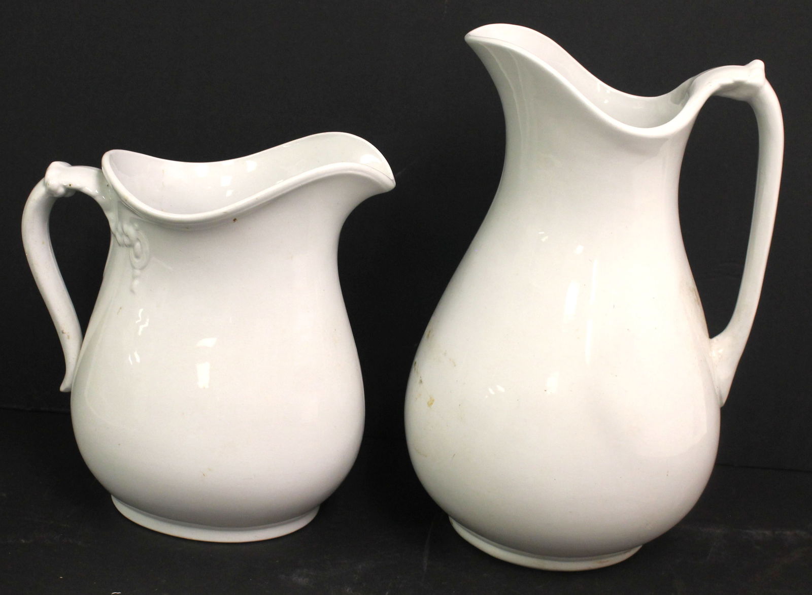 Lot of 2 antique white ironstone pitchers - 10" & 12" tall (1 of 7)