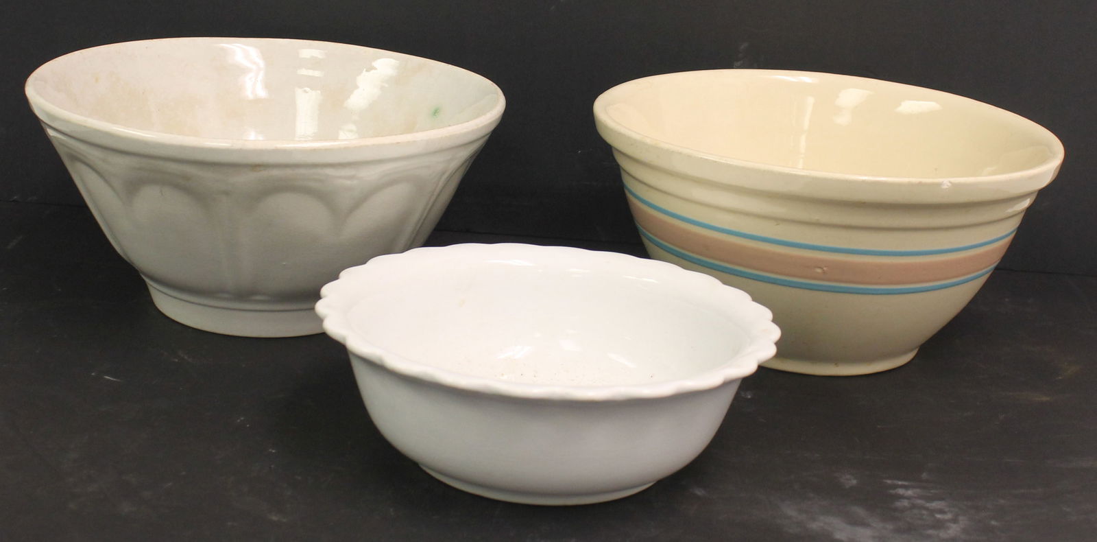 Lot of 2 antique white ironstone bowls plus a ceramic pink & blue banded mixing bowl - 12" diam x 6" (1 of 8)