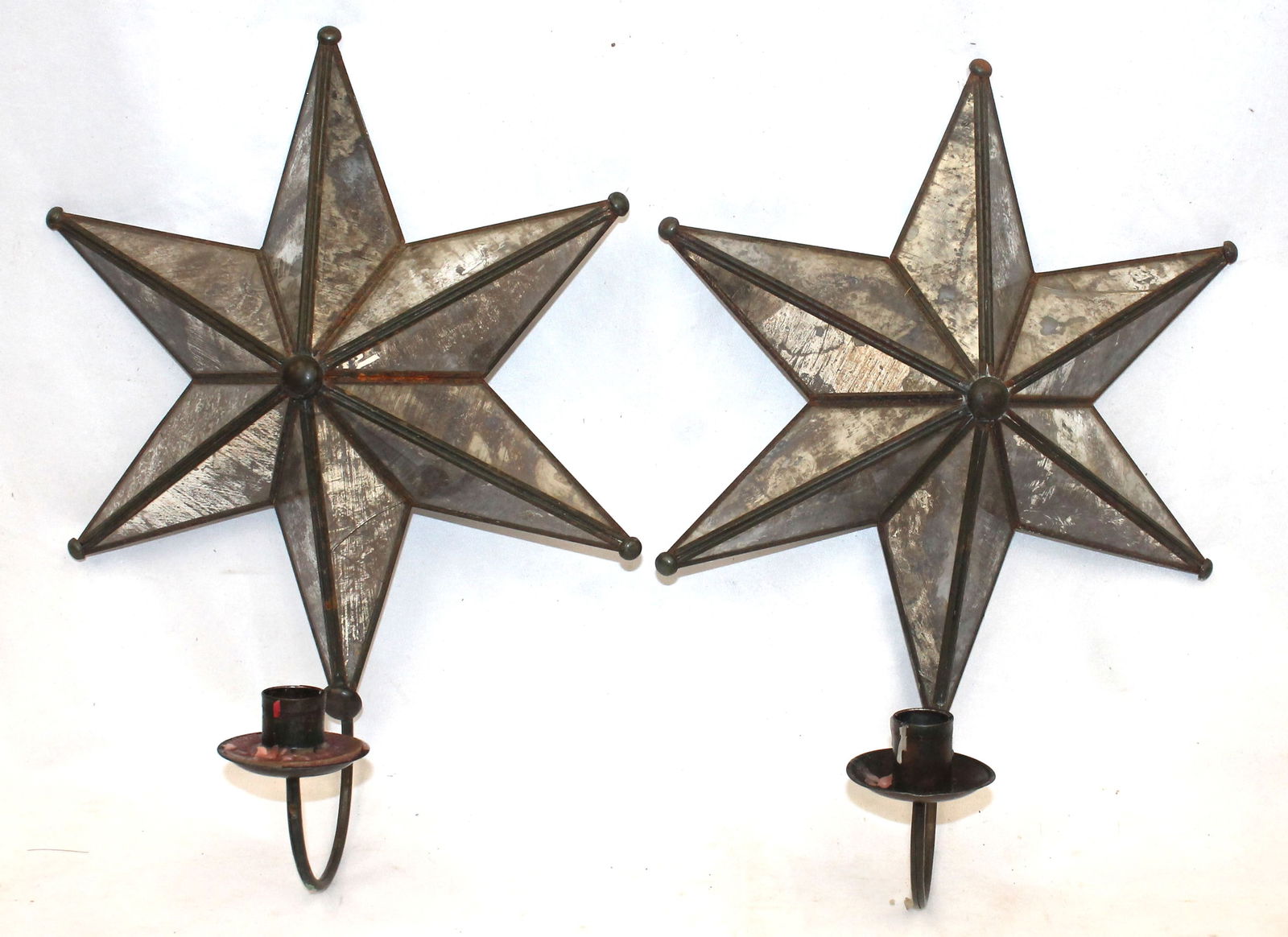 Pair of star shaped tin & mirrored wall candle sconces - 14"x10 1/2" (1 of 4)