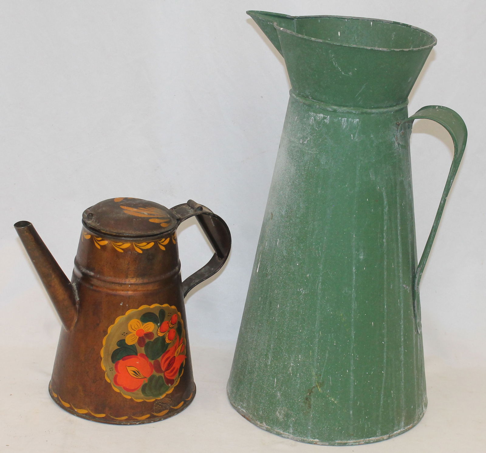 Lot of 2 vintage tin watering cans - large green painted & copper colored w floral dec (1 of 3)