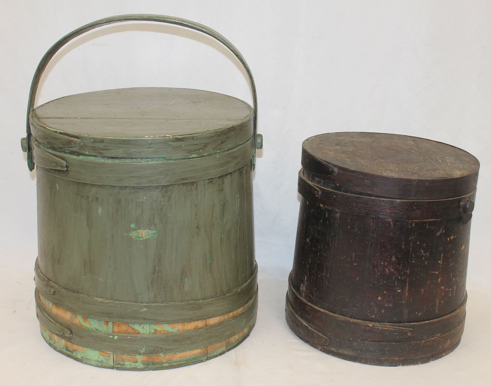 Lot of 2 large firkin buckets in black & green paint - as found - 12 1/2" tall x 11 1/2" diam & 15" (1 of 9)
