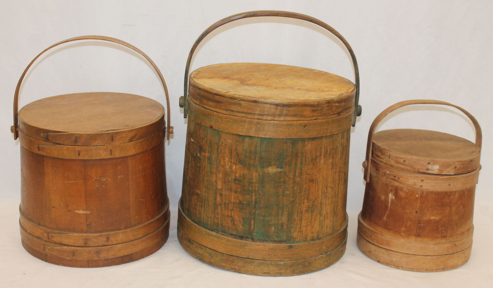 Lot of 3 firkin buckets - 2 in natural finish & 1 in traces of green paint - 15 1/2" tall x 14" diam (1 of 7)