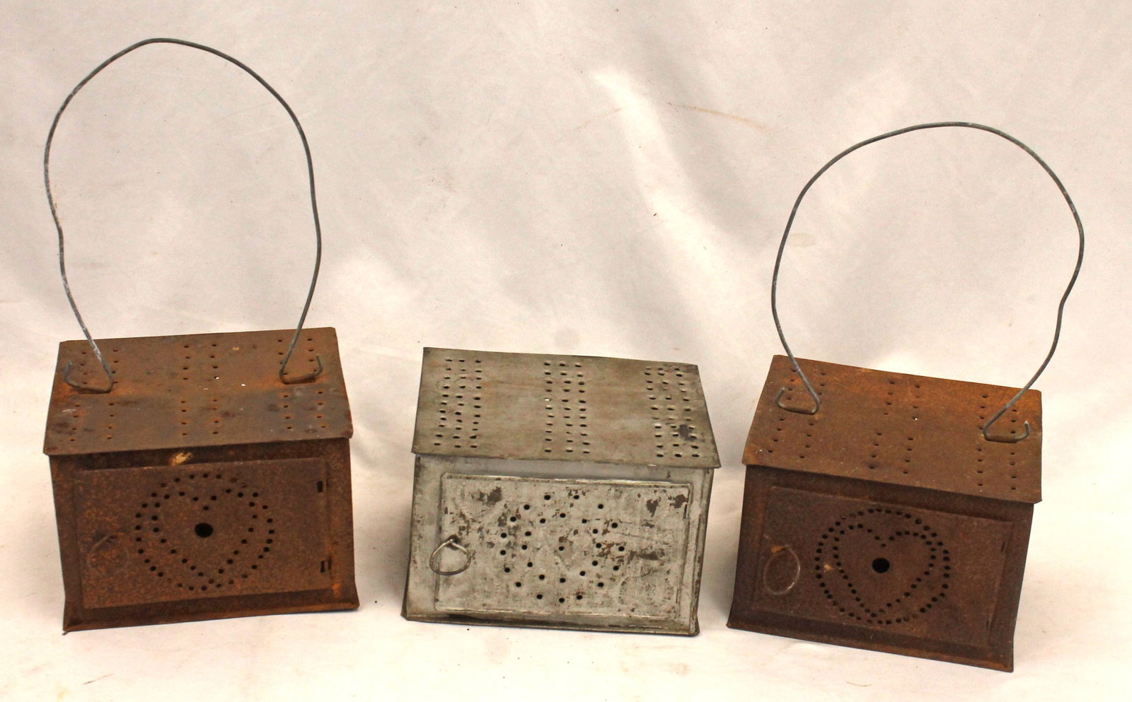 Lot of 3 antique punched tin footwarmers - 2 w heart dec (1 of 4)