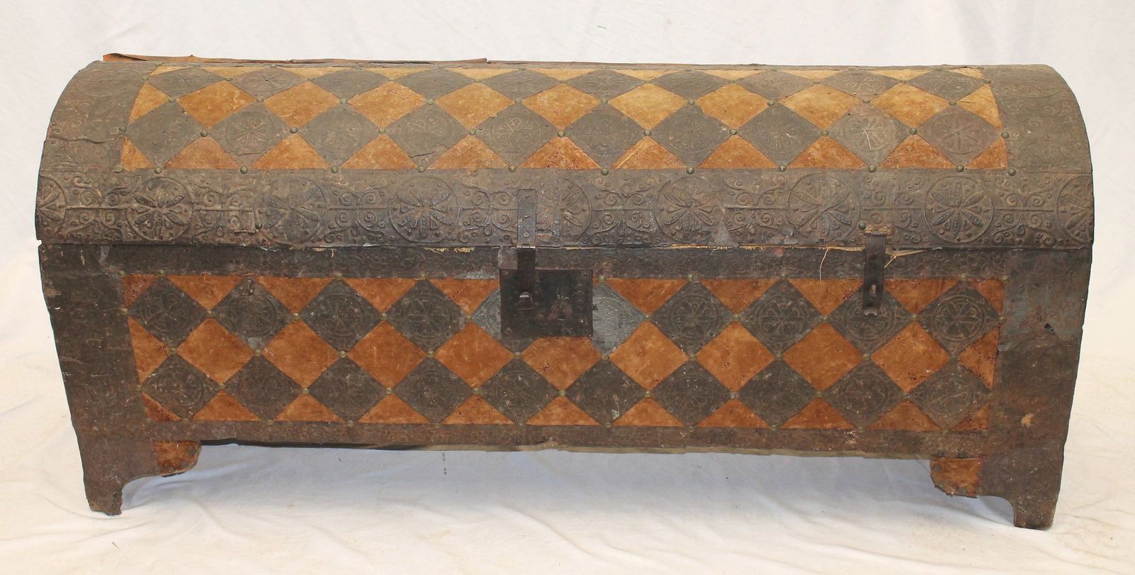 Early Continental dome top trunk w embossed tin & velvet sides & top & heavy iron hardware & handles (1 of 13)