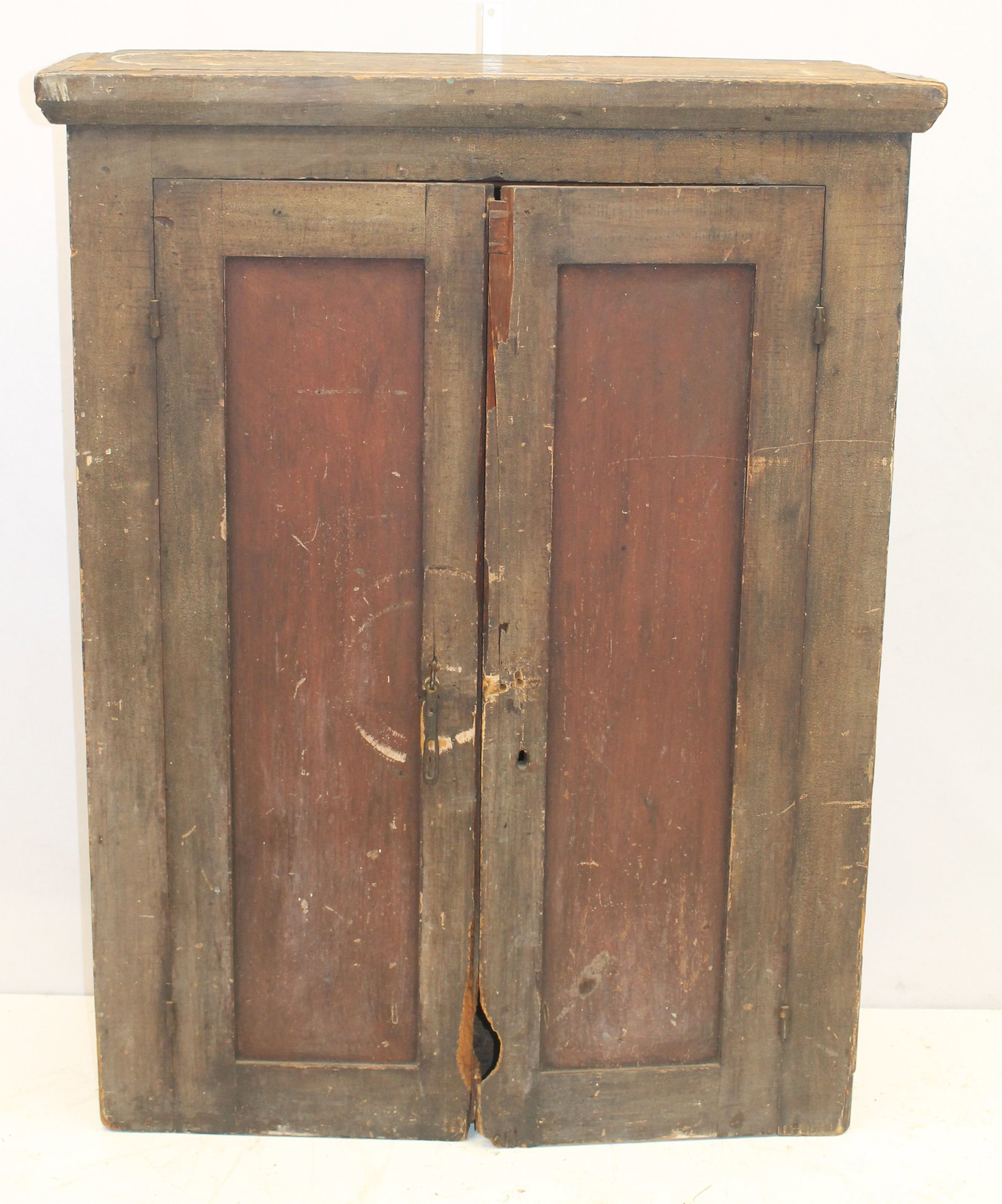 Antique wall hanging w door cupboard w shelf interior in putty colored paint w red painted doors - (1 of 6)