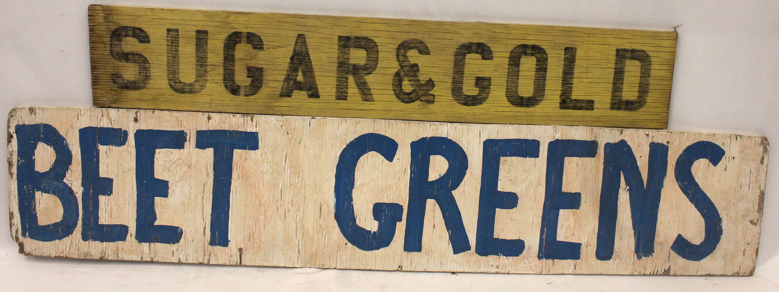 Lot of 2 vintage wooden painted dbl sided signs - "Basil & Dill" & "Beet Greens" 48"x9 1/2" & "Sugar (1 of 11)