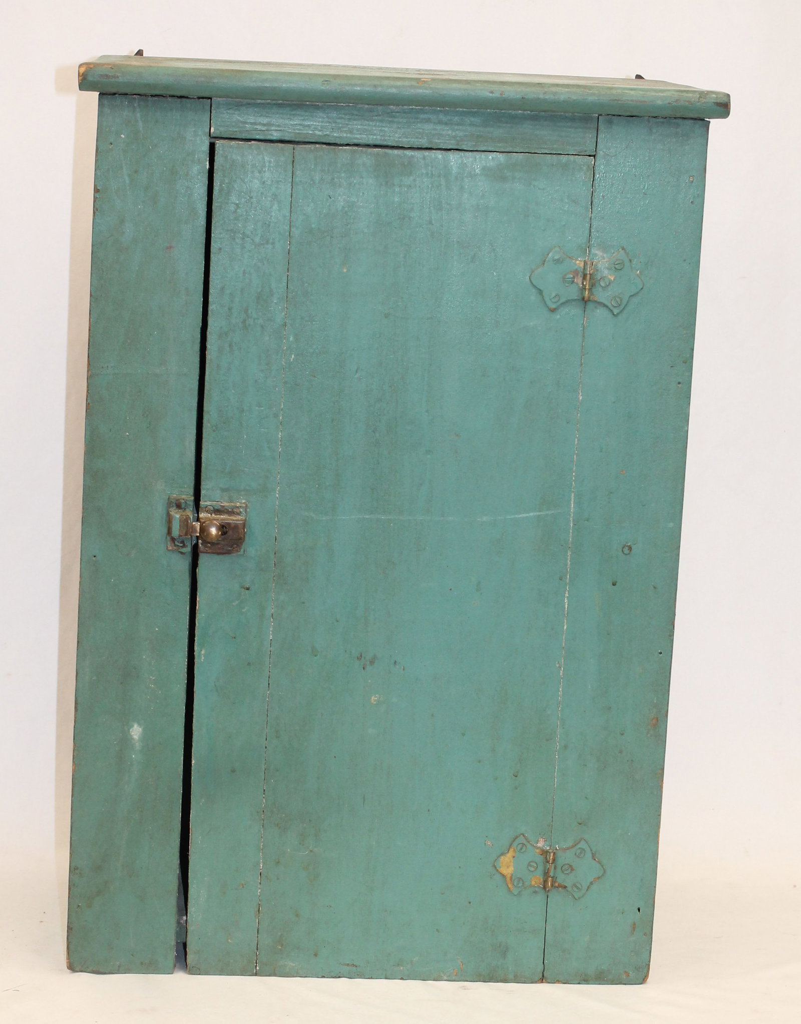 Antique diminutive wall hanging 1 door cupboard in green paint w white painted shelf interior - 24 (1 of 5)