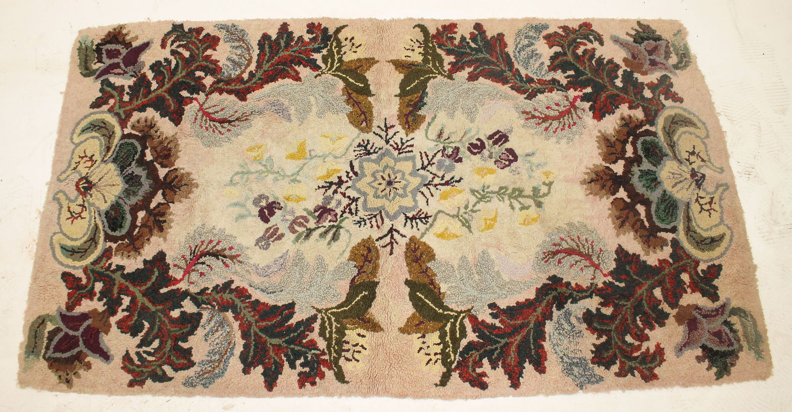 Antique hooked rug w leaf & floral motif - 36"x61" (1 of 7)