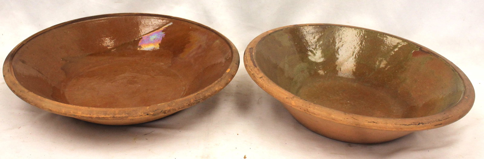Lot of 2 antique redware milk pans - 15 1/2" & 16" diam (1 of 6)