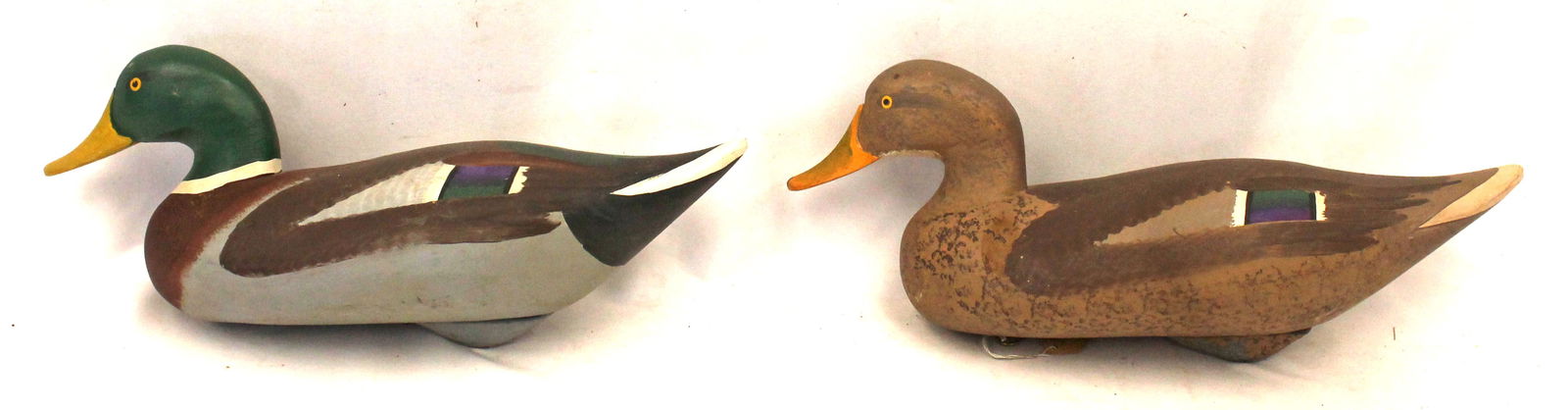 Pair of carved & painted Mallard duck decoys by Capt. Harry Jobes - 17" long x 7" tall (1 of 7)