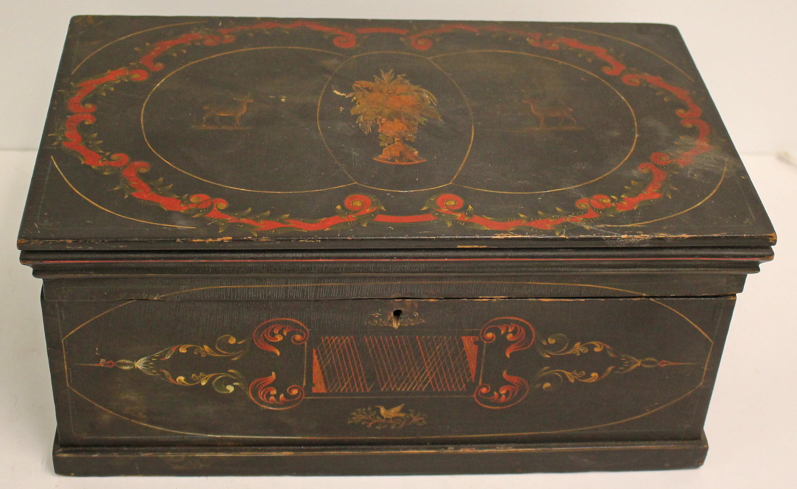 wonderful wooden carved & deer/floral paint decorated carriage painter’s antique box - 7 3/4" tall (1 of 9)