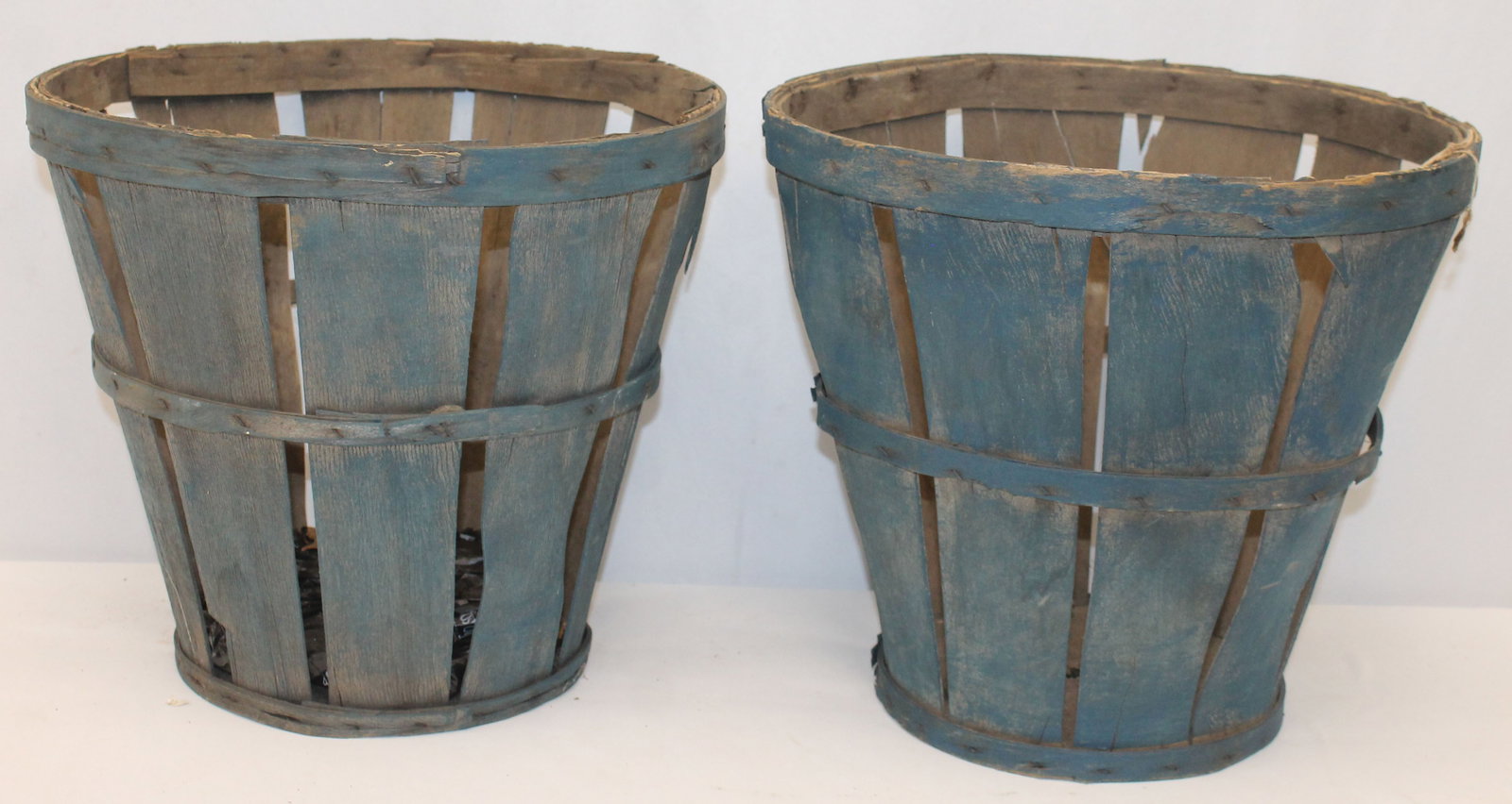 Lot of 2 antique blue painted wooden apple baskets - approx 12"x 13 1/2" diam (1 of 5)