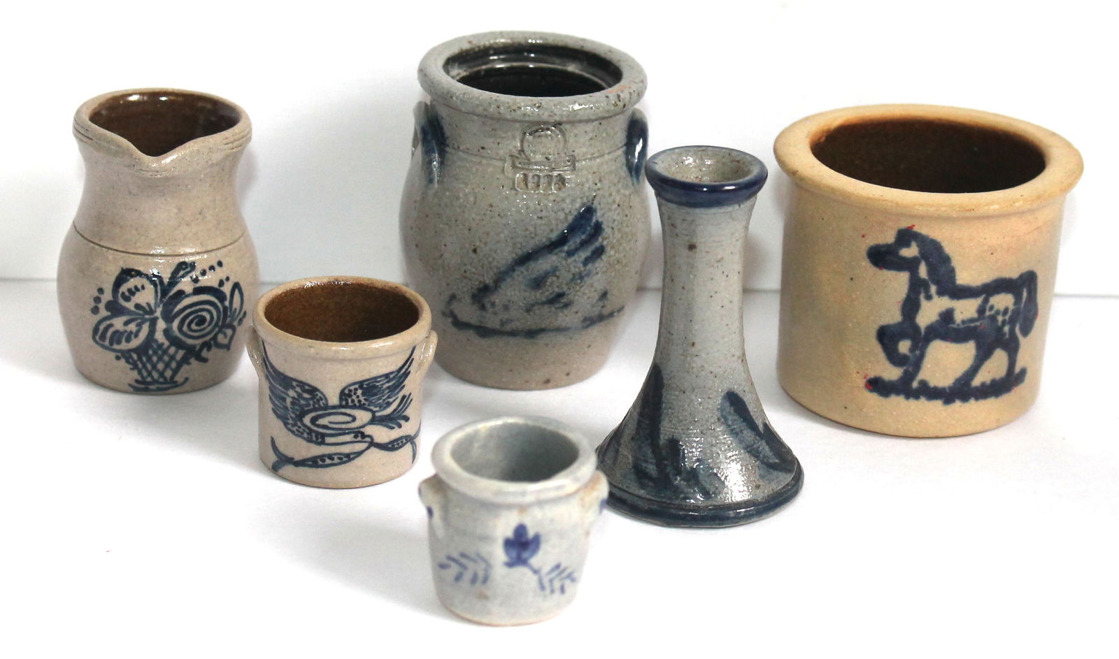 Miniature lot of 6 pcs of cobalt dec stoneware incl crocks, pitcher , vase, etc - some signed - (1 of 15)