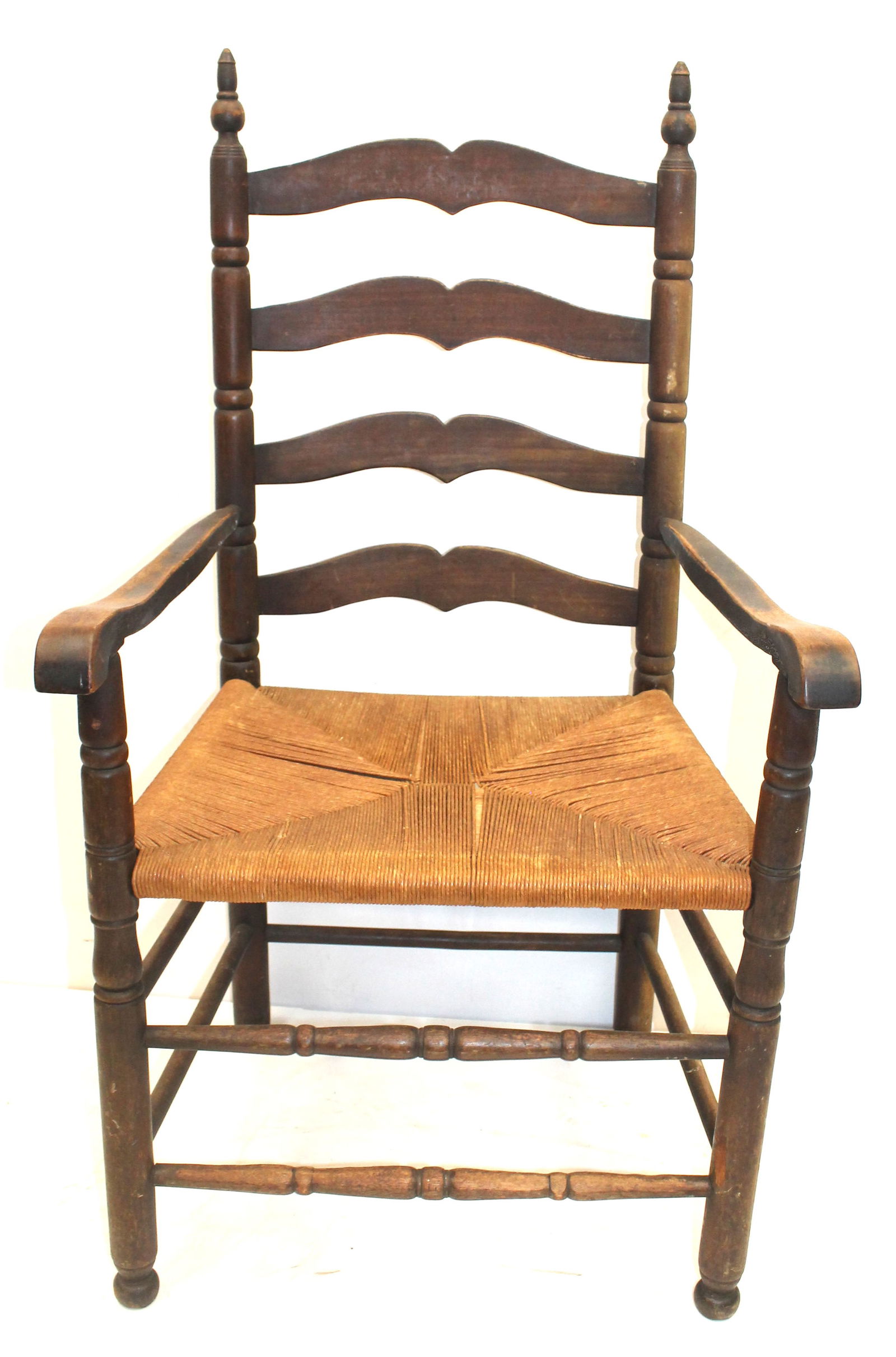 Early ladderback Great chair w oversized arms & woven seat in attic finish - 45" tall x 18" seat (1 of 8)