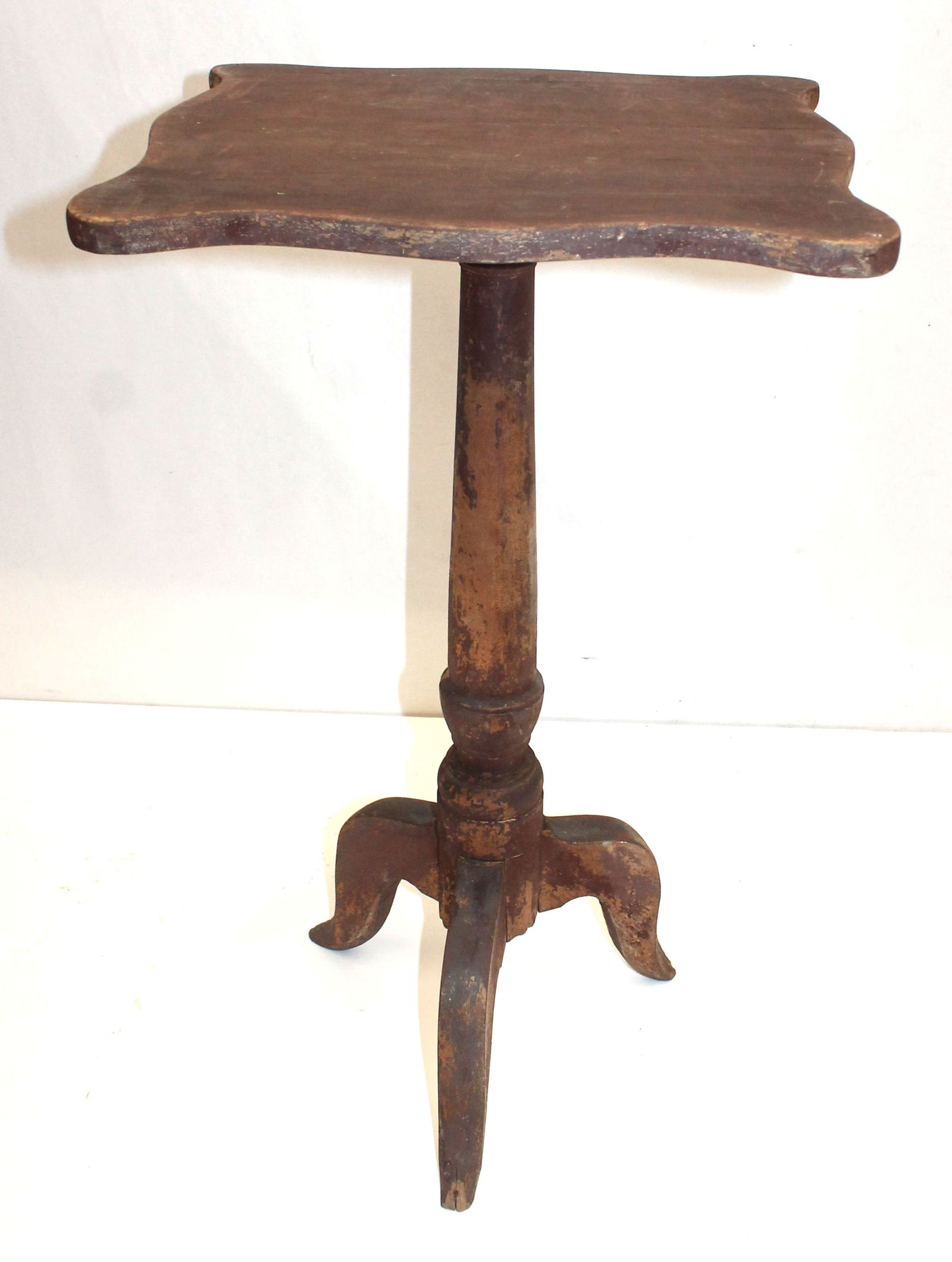 Early country candlestand w shaped top & primitive base in old red paint - 15 1/2"x14" top x 27" (1 of 8)