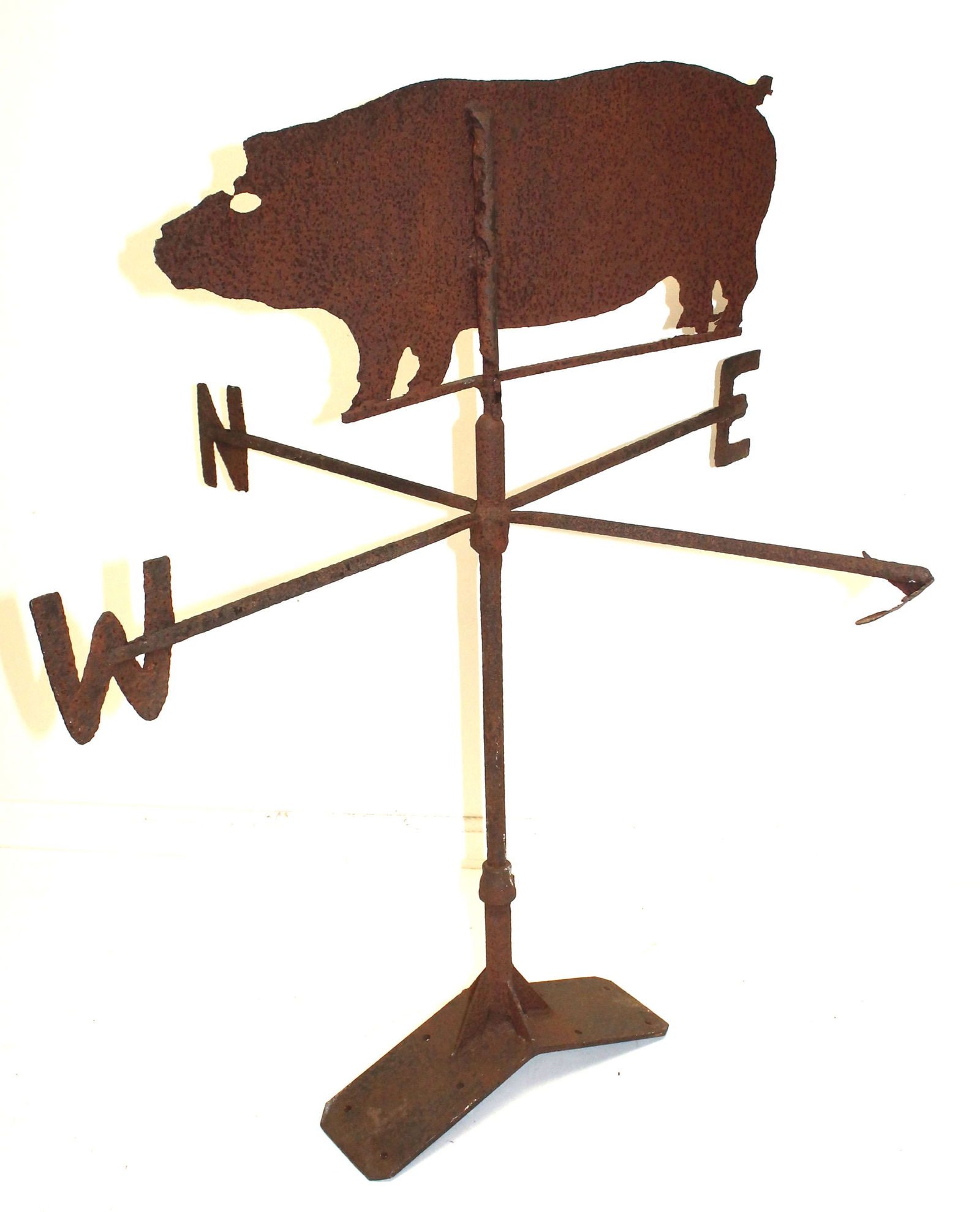 Sheet iron pig weathervane w directionals on rooftop bracket - 39 1/2" tall overall height - pig is (1 of 9)