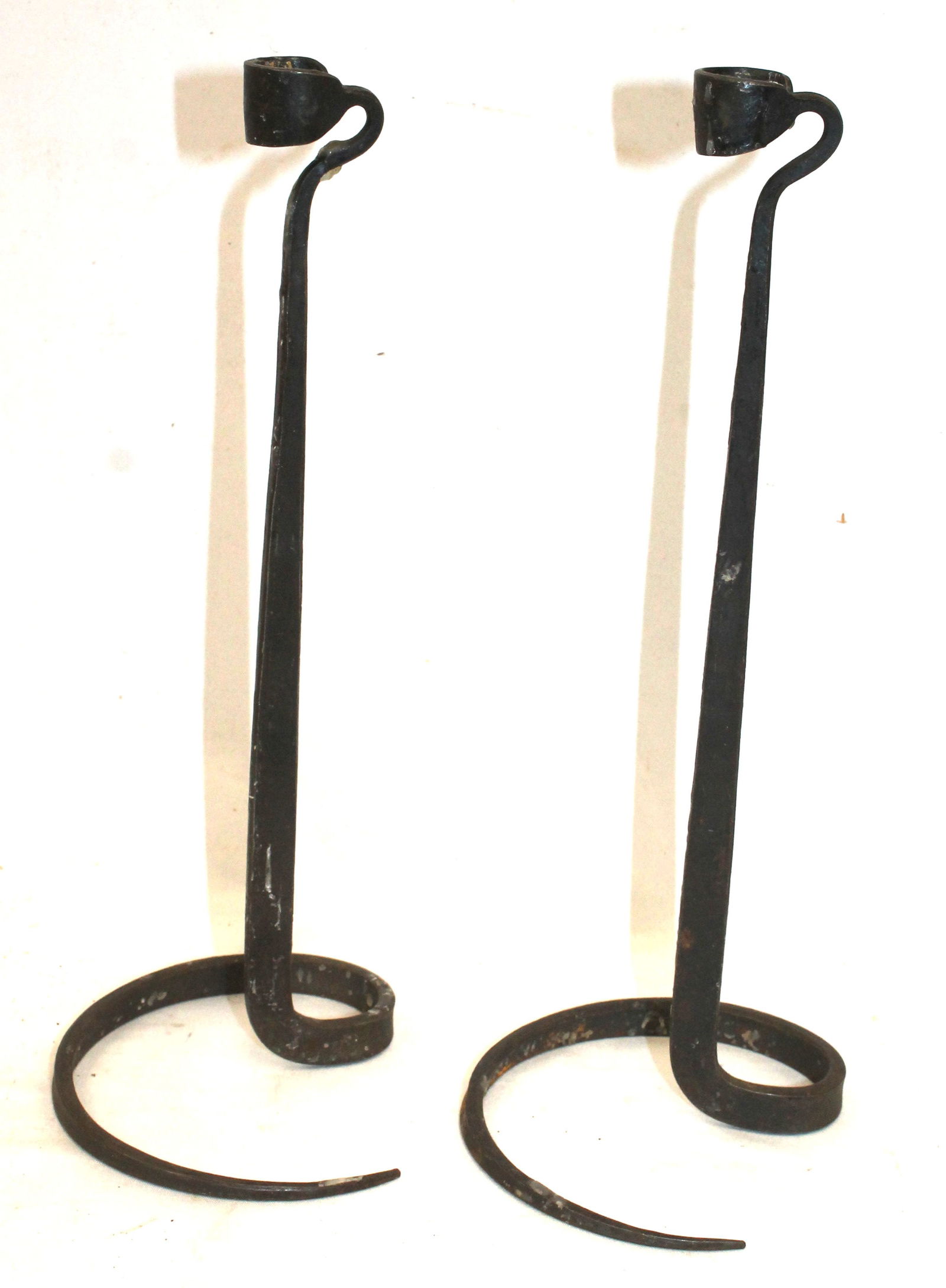 Pr of iron candlesticks on spiral base - 11" tall: Pr of iron candlesticks on spiral base - 11" tall