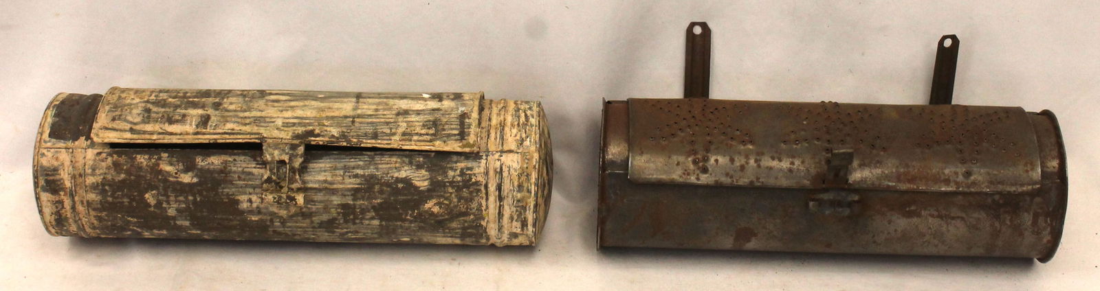 Lot of 2 pierced tin cylinder candle boxes - 14" long x 4 1/2" diam (1 of 5)