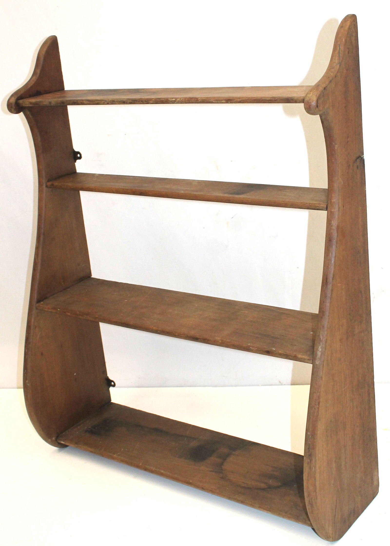 Antique graphic whale end shaped 4 tier shelf in old surface - 34" tall x 26" wide x 9 1/4" deep -: Antique graphic whale end shaped 4 tier shelf in old surface - 34" tall x 26" wide x 9 1/4" deep - shelves are 7 1/2", 7", 4" & 5 1/2" deep from bottom to top