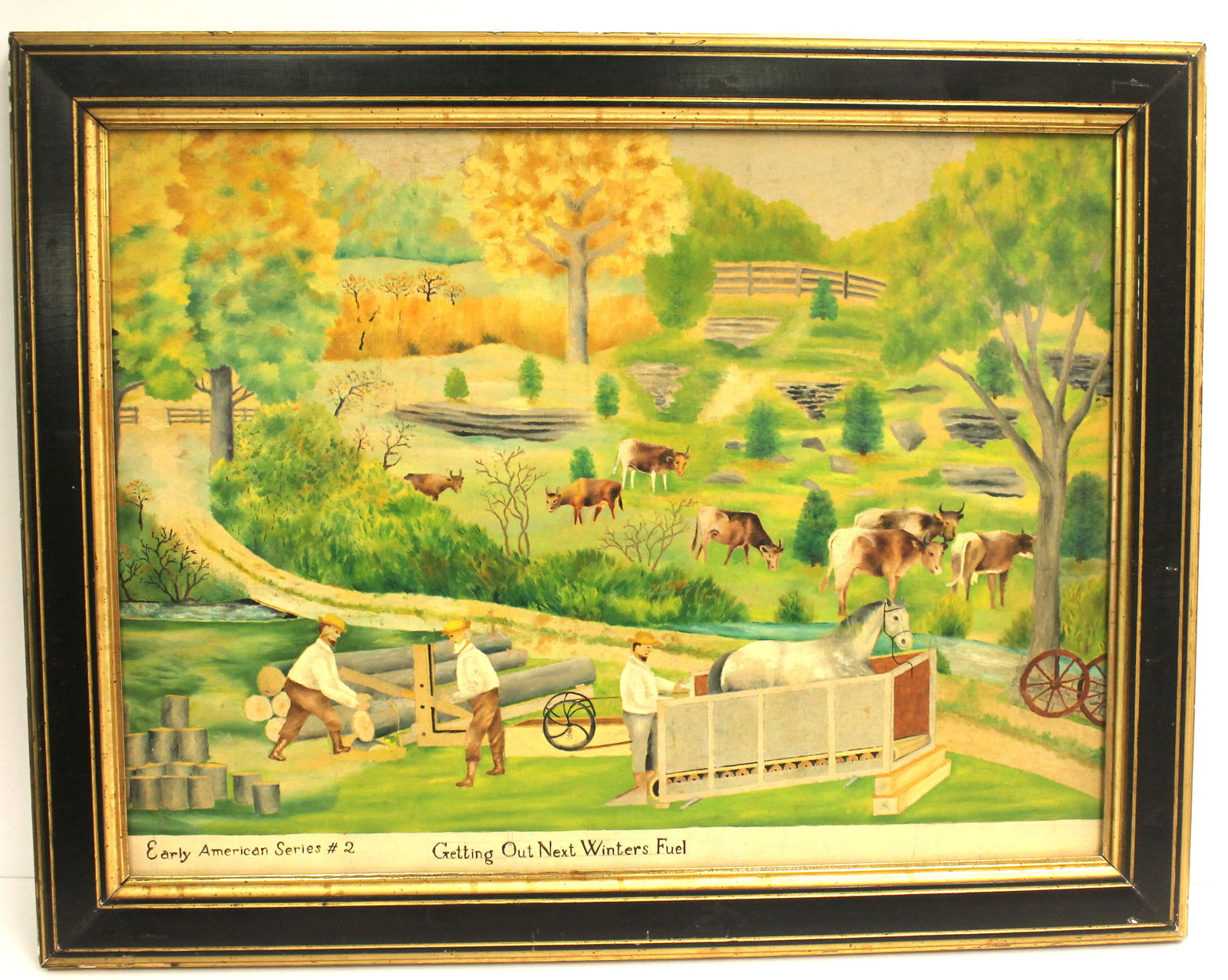 Wonderful Folk art ca 1920's oil painting titled "Early American Series #2 - Getting Out Next (1 of 8)