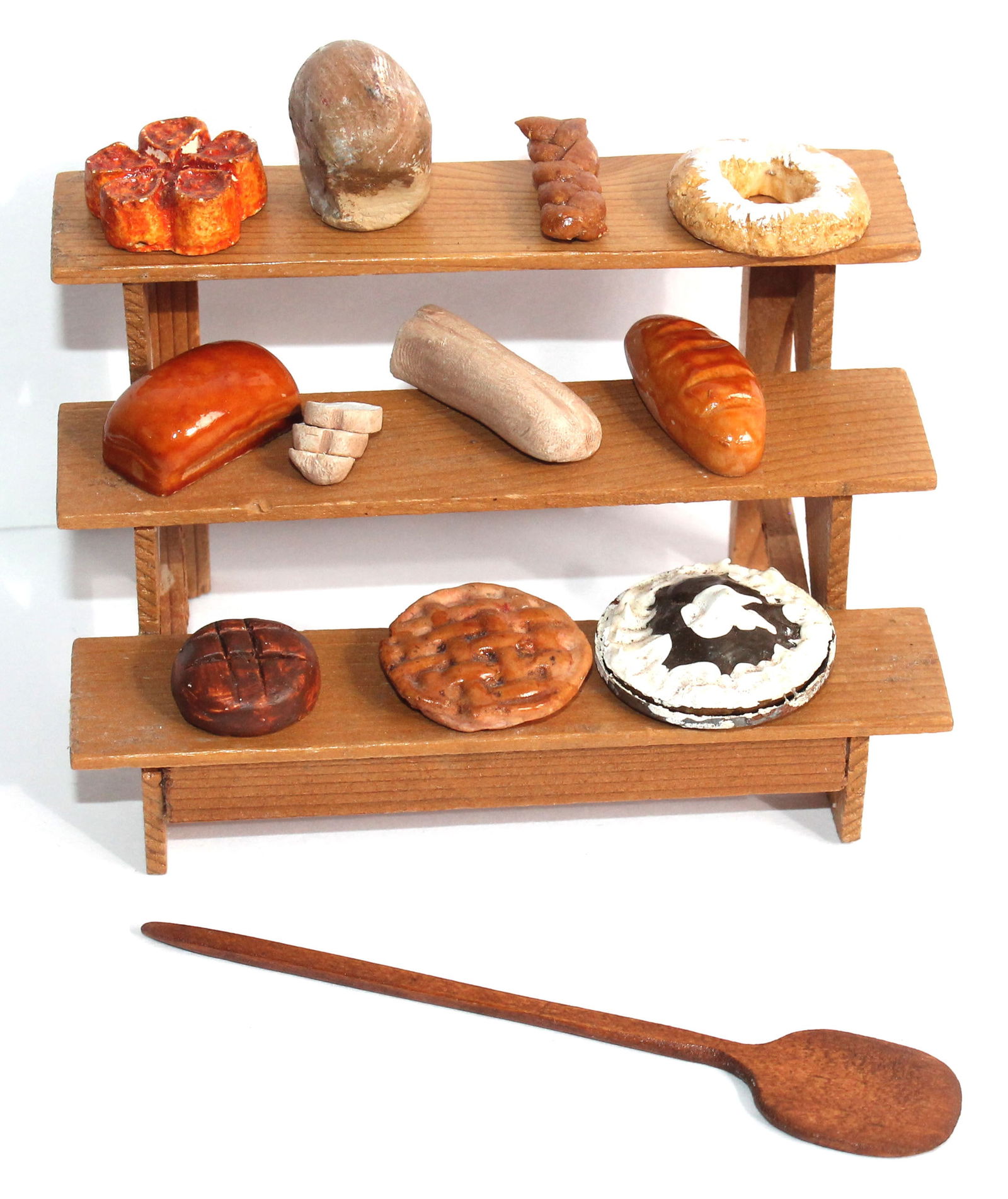 Miniature lot of handmade bakery items w stand & bread  peel - stand is approx 3"x4 1/2" (1 of 6)