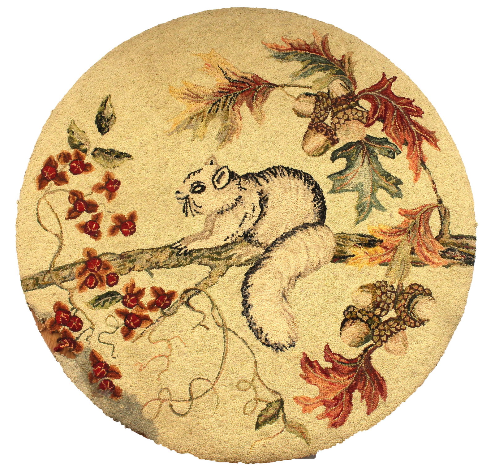 Antique round hooked rug w squirrel on branch, leaves & acorn motif - mounted for wall hanging - as (1 of 7)