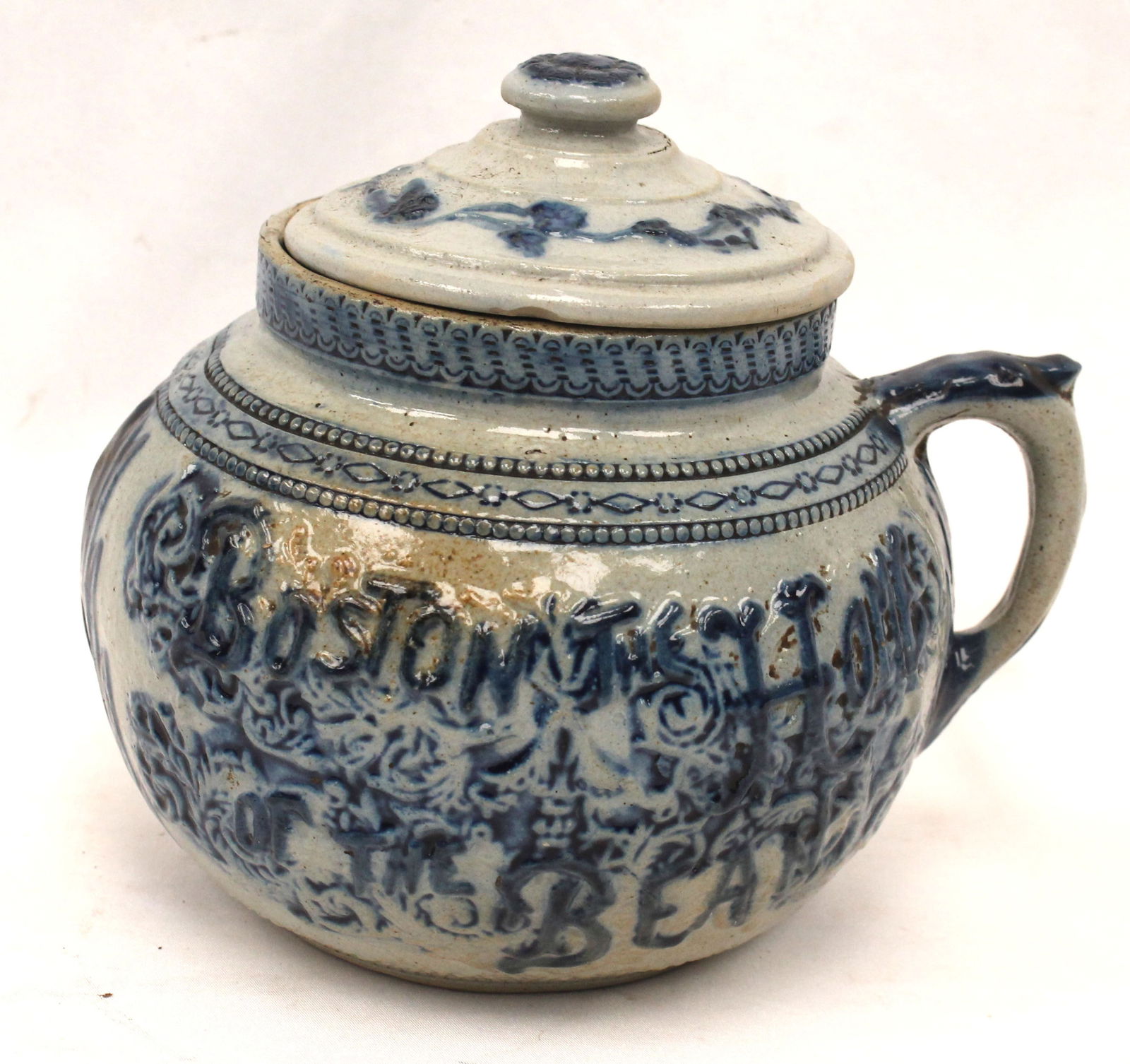 19thC Boston Baked Beans stoneware pot - as found - approx 7 1/2" tall (1 of 7)