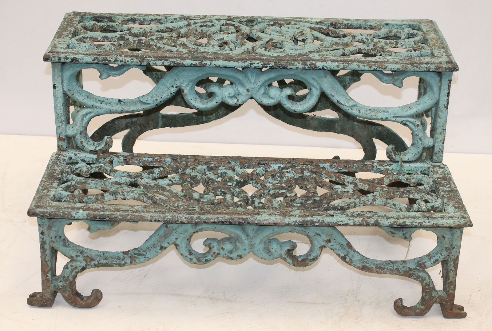Cast iron train steps in green paint - great as a plant stand for an outdoor garden - 15" tall x 27 (1 of 7)