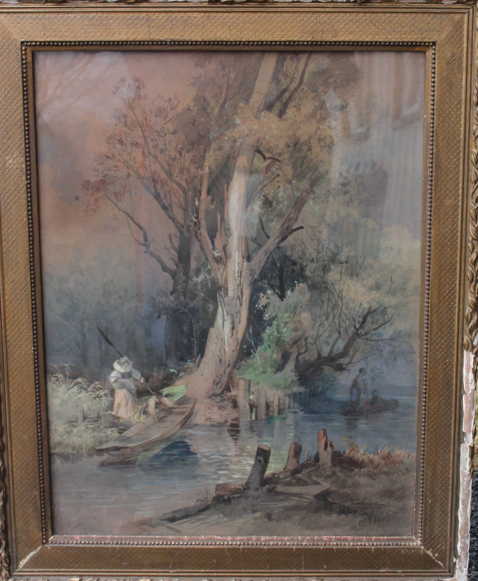 Victorian w/c riverscape w people & boats sgnd ? Ward - overall framed size 21 1/4"x17": Victorian w/c riverscape w people & boats sgnd ? Ward - overall framed size 21 1/4"x17"