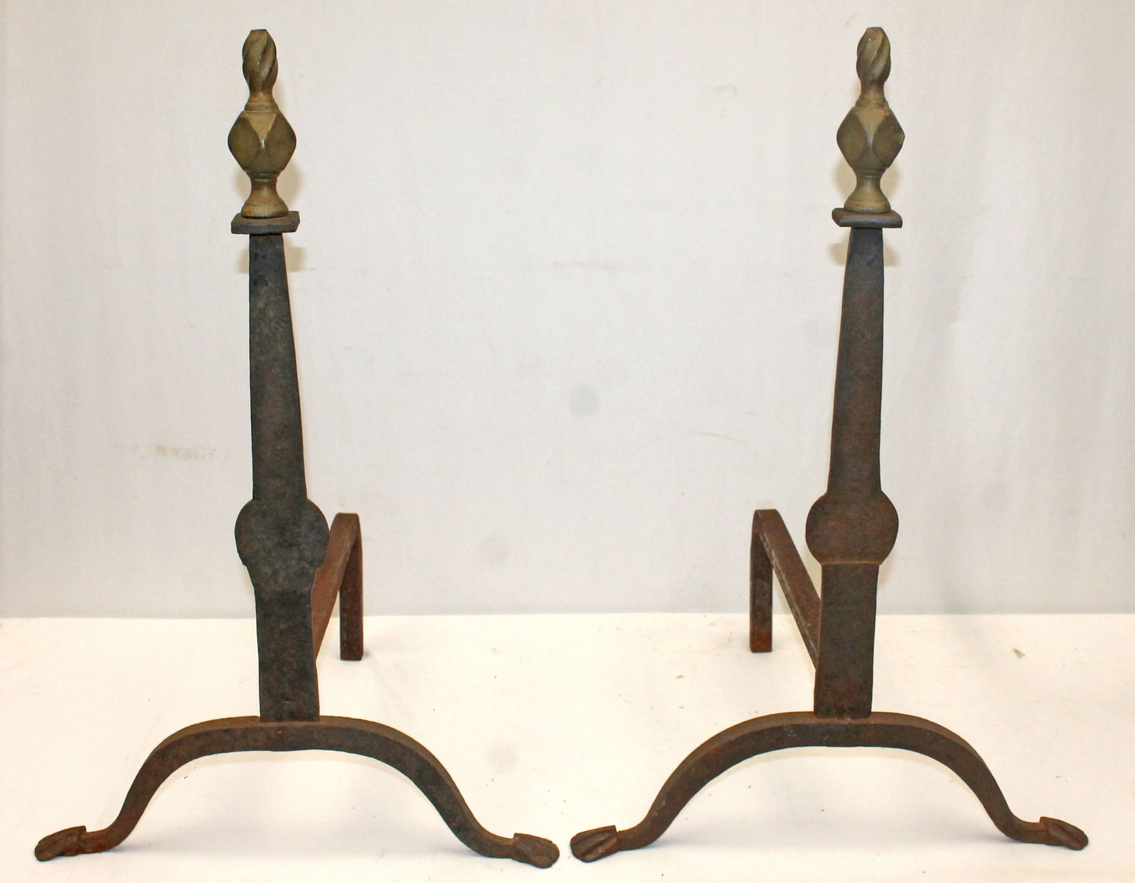 Pr of antique very tall finial top andirons - 30" tall x 20" deep: Pr of antique very tall finial top andirons - 30" tall x 20" deep